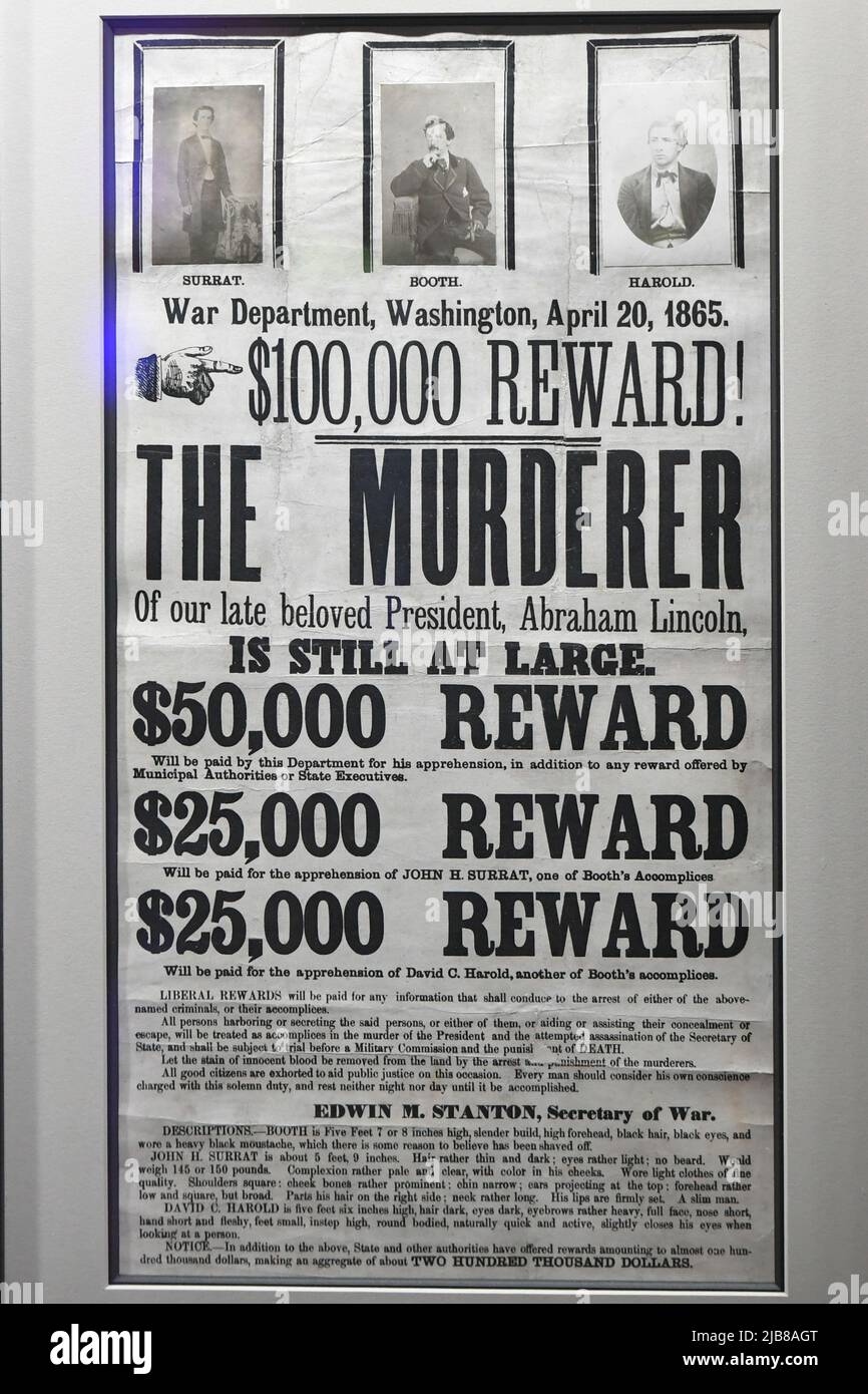 John Wilkes Booth voleva un poster in mostra come parte della Jim Irsay Collection presso la sala da ballo Hammerstein del Manhattan Center il 3 giugno 2022 a New Y Foto Stock
