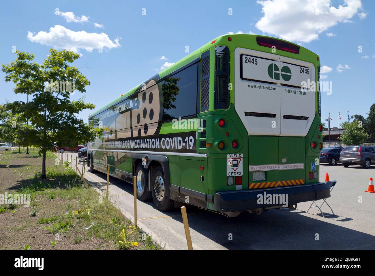 Un autobus Toronto Go, che offre gratuitamente vaccini coved-19 a Toronto Foto Stock