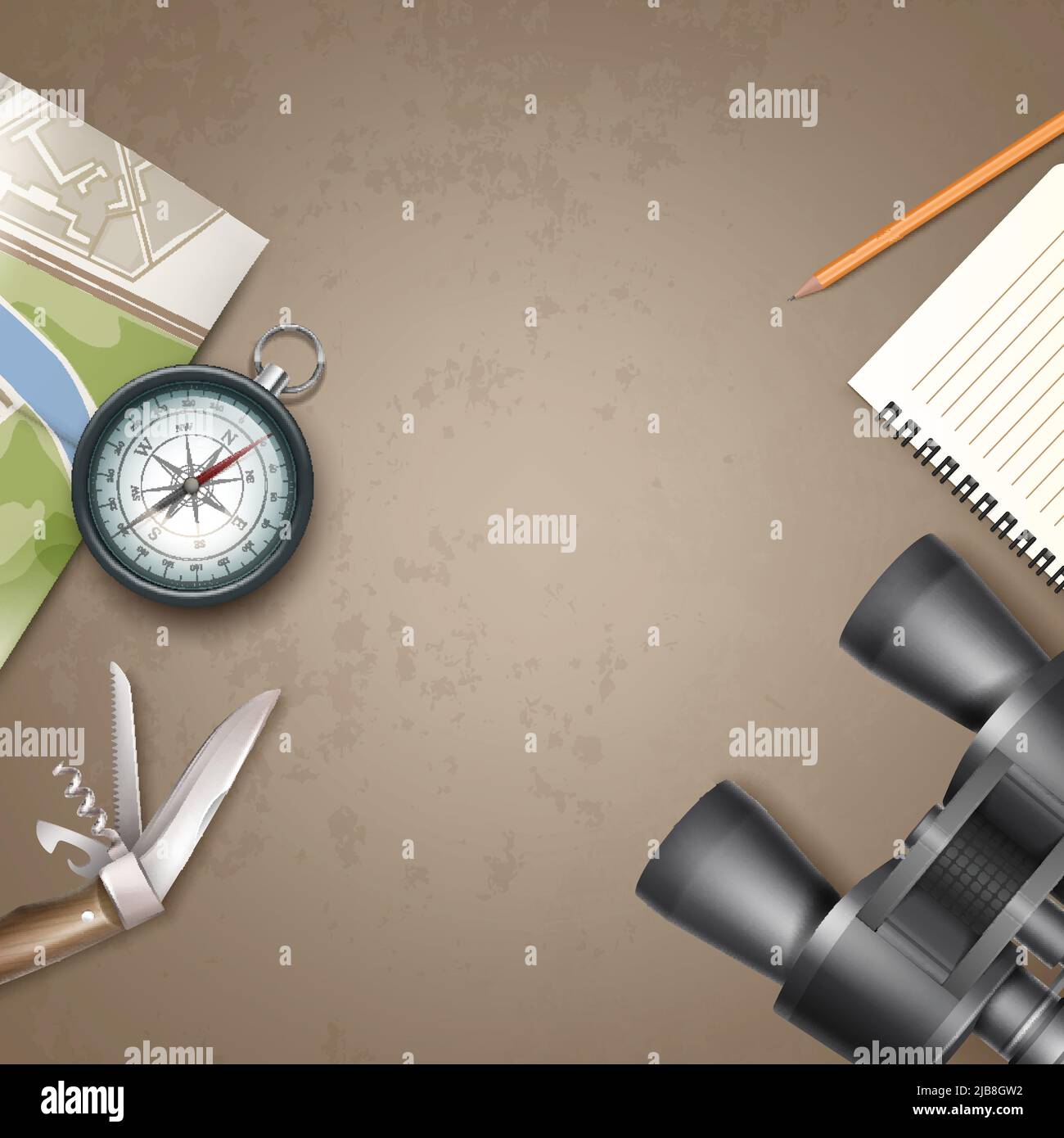 Bussola da tasca in metallo retrò vettoriale con mappa di viaggio, blocco note, pensil, binocoli, coltello da giacca e copysapace vista dall'alto isolato su sfondo ocra Illustrazione Vettoriale