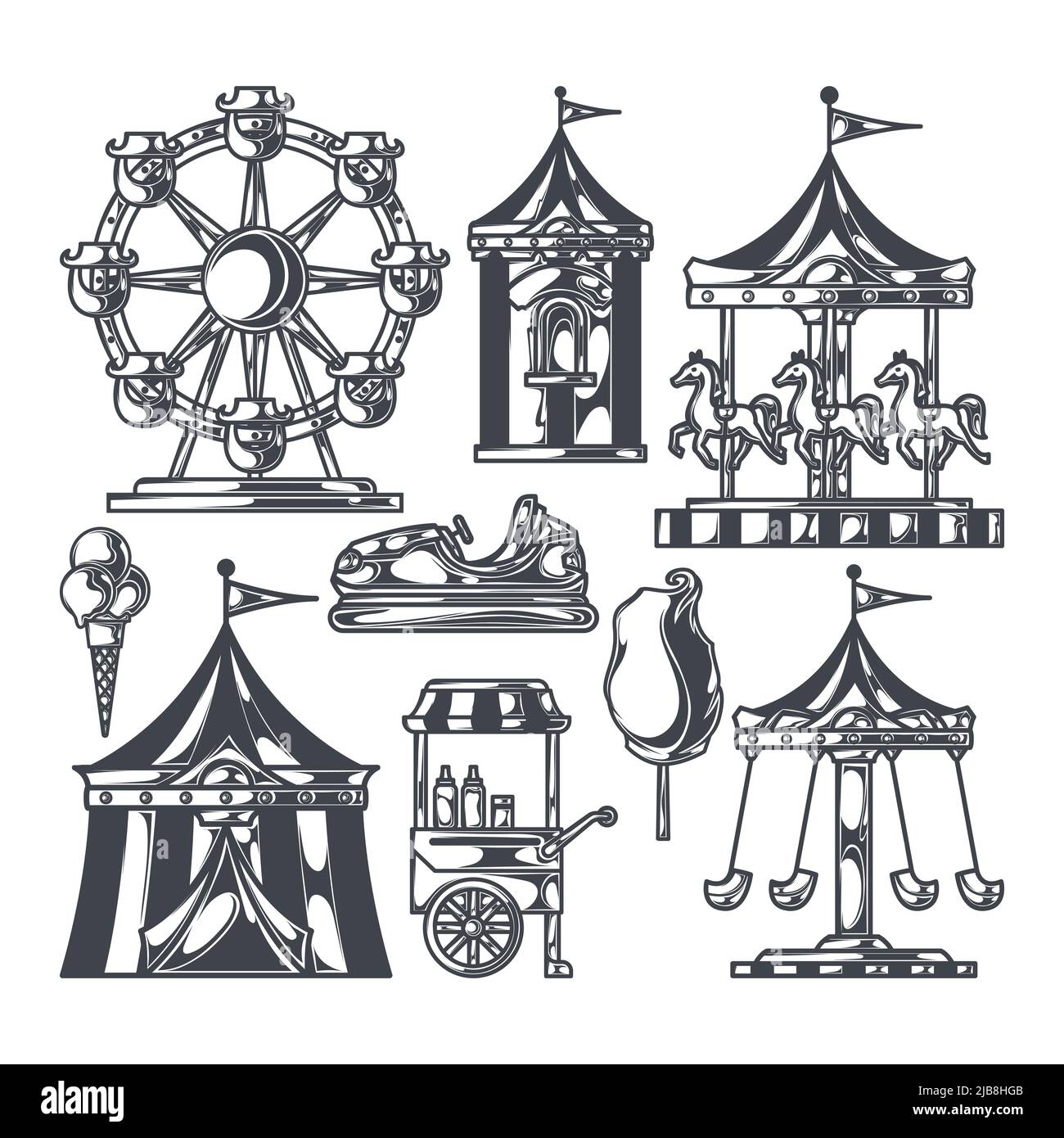 Parco divertimenti Fairground giochi e attrazioni icone nero set isolato vettore illustrazione Illustrazione Vettoriale