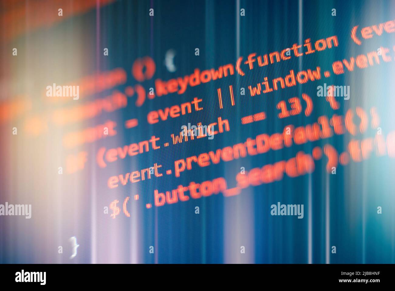 Schermata del codice di programmazione dello sviluppatore software. Tempo di lavoro programmazione software. Testo del codice scritto e creato Foto Stock