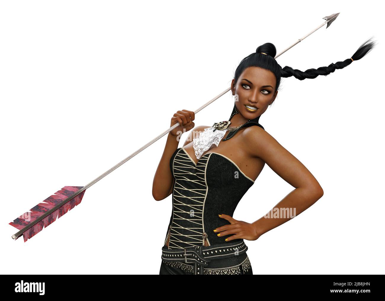 Donna guerriera con capelli intrecciati indossano un abito in oro nero con armatura, lancia di presa, 3D Illustrazione. Foto Stock
