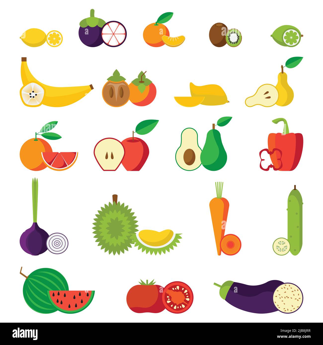 Frutta e verdura piatta icone isolate set Illustrazione Vettoriale