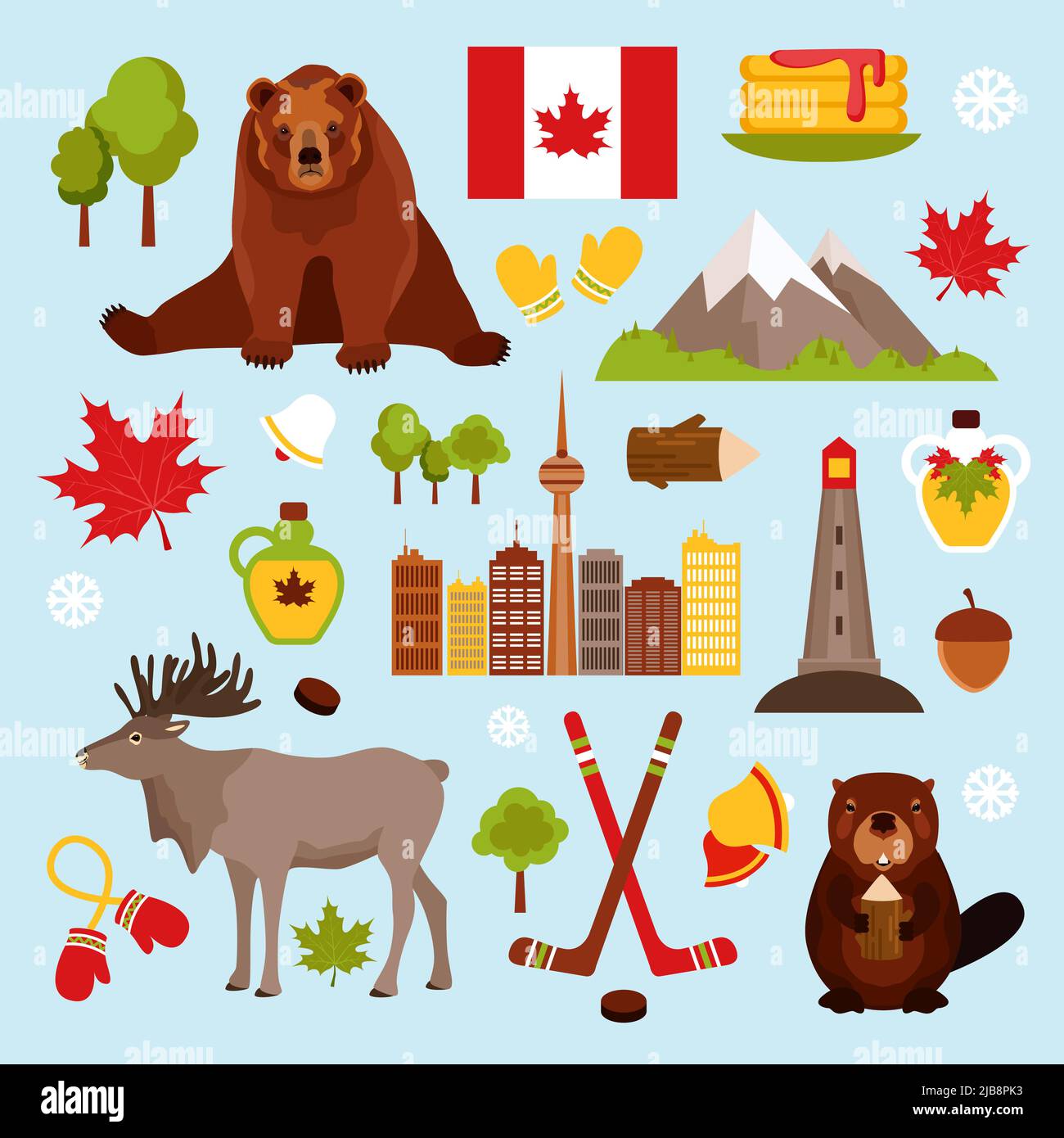 Canada icone decorative colorate set con hockey acero sciroppo beaver isolato vettore illustrazione Illustrazione Vettoriale