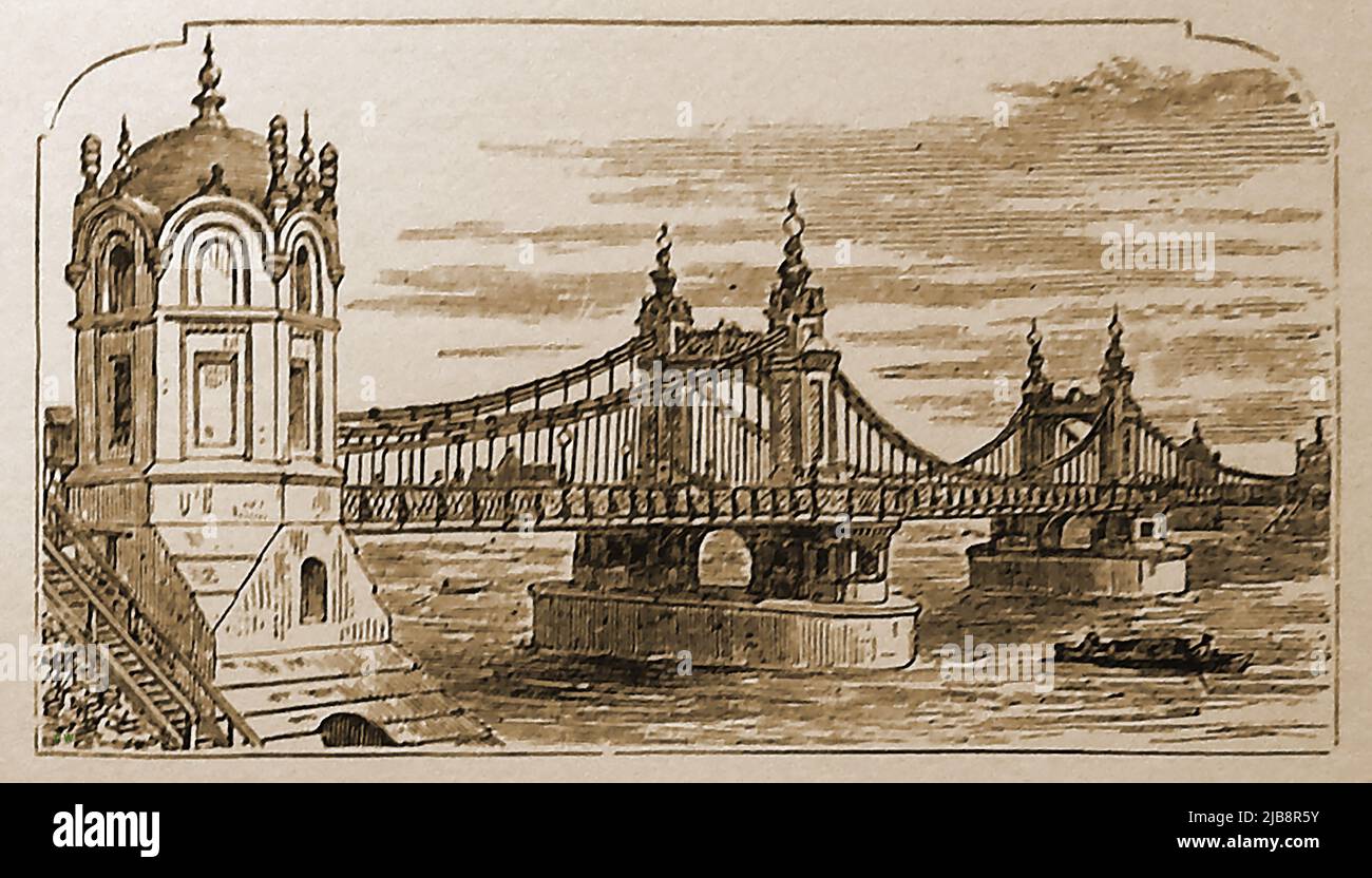 Il vecchio ponte sospeso Chelsea, Londra, Regno Unito. Originariamente chiamato Victoria Bridge fu aperto, dopo un certo ritardo, nel 1858. Anche se un incrocio popolare, il pedaggio non è stato addebitato. La pressione pubblica ha causato il governo t permettere i passaggi liberi la domenica. I pedaggi sono stati aboliti nel 1879. Si è registrato che fu rinominato Chelsea Bridge a causa della sua struttura povera, quindi togliendo ogni collegamento alla Regina Vittoria se dovesse crollare. Fu demolita tra il 1934 e il 1937, e sostituita dall'attuale ponte aperto nel 1937. Foto Stock