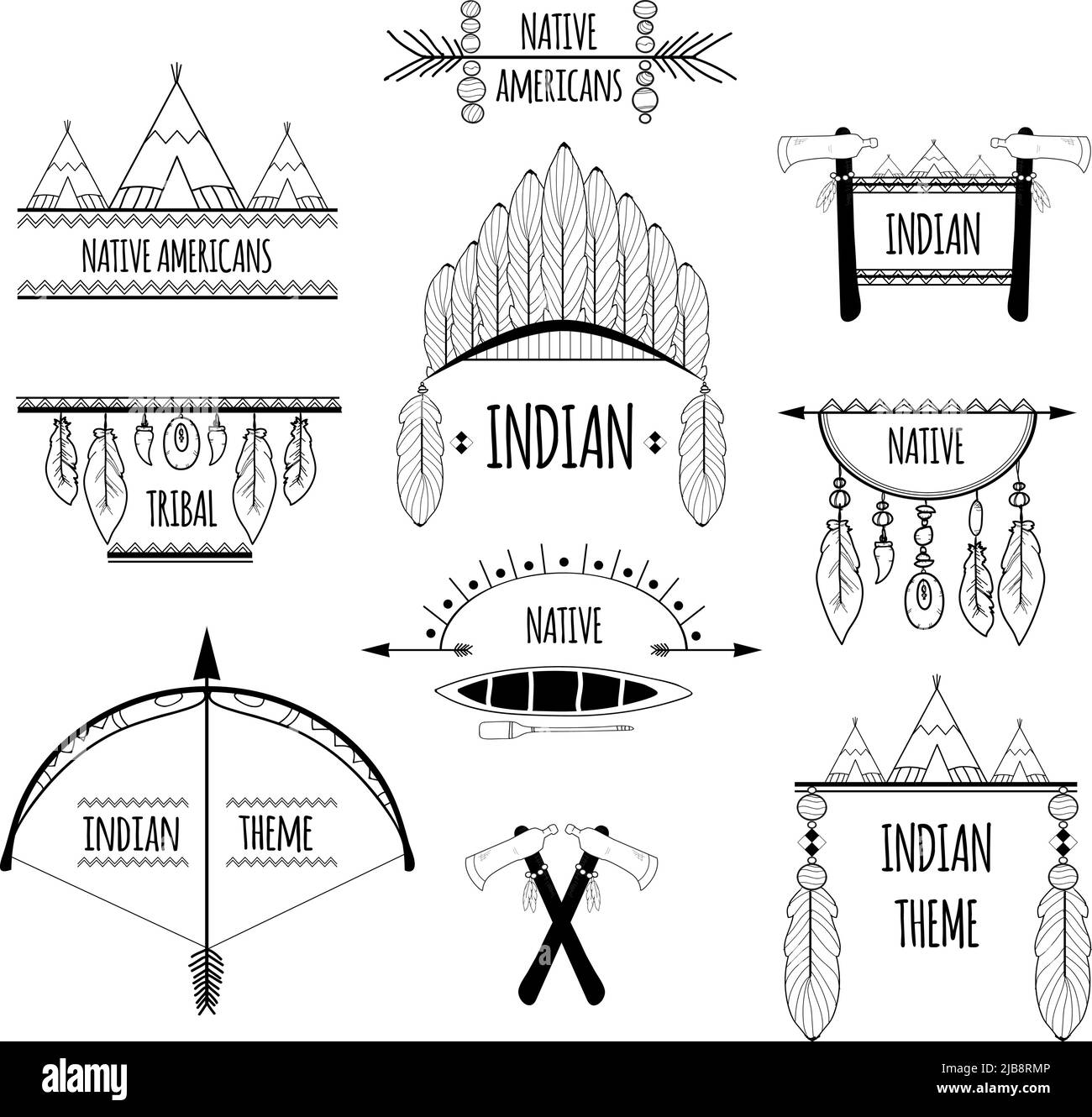 Indian nativi americani tribali decorativi elementi di schizzo etichette set isolato illustrazione vettoriale Illustrazione Vettoriale