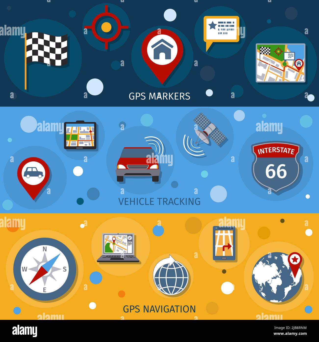 Banner di navigazione impostati con marcatori gps navigazione tracciamento del veicolo illustrazione vettoriale isolata Illustrazione Vettoriale