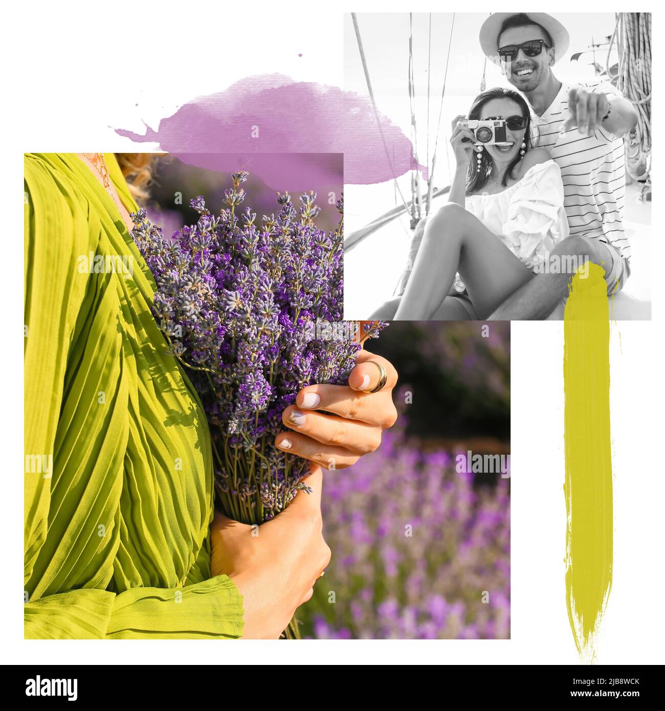 Collage estivo con giovane donna con fiori di lavanda e felice coppia giovane che riposa sullo yacht Foto Stock