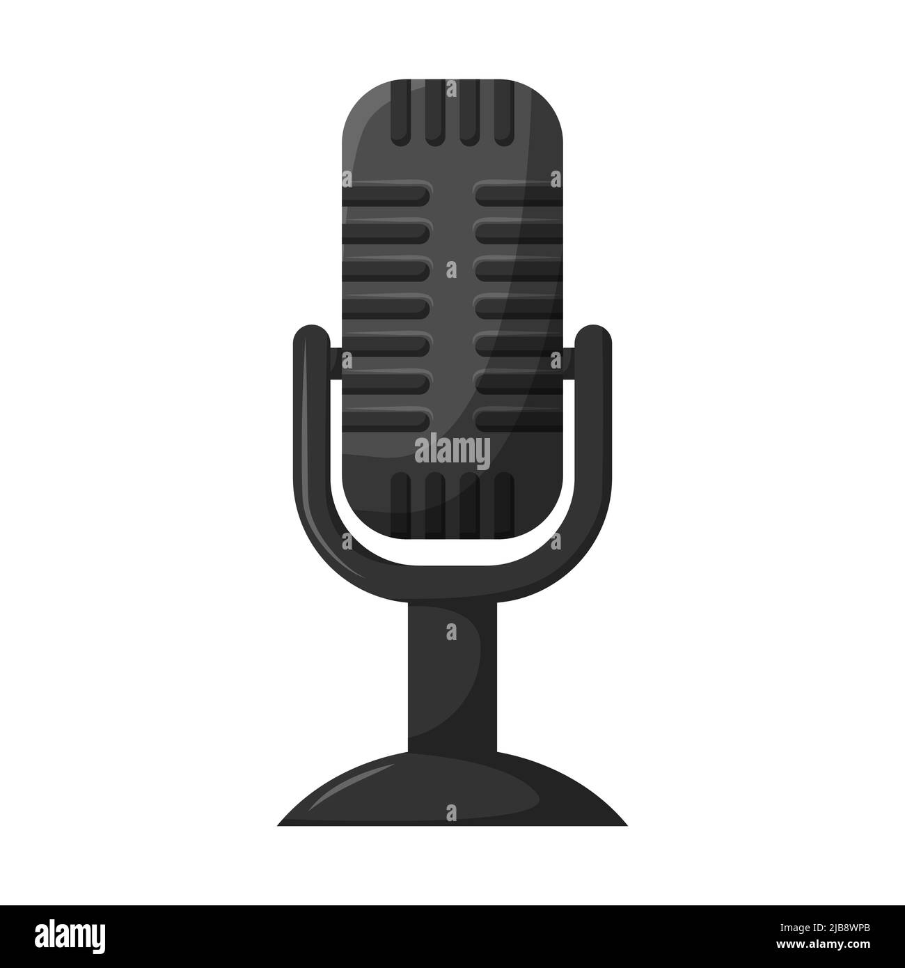 Microfono retro classico professionale su supporto. Apparecchiature audio podcast. Illustrazione vettoriale a colori in stile piatto. Isolato su sfondo bianco. Illustrazione Vettoriale