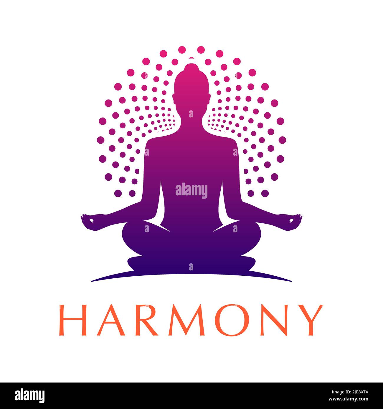 Yoga studio logo di una donna in posa padmasana con un alone ornamentale rotondo. Femmina meditante in un logotipo vettoriale di condizione zen. Illustrazione Vettoriale
