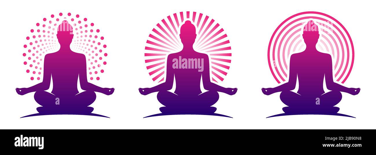 Donna yoga viola logo modelli vettoriali. Meditando la femmina in una posa di lotus zen con un alone rotondo. Illustrazione Vettoriale
