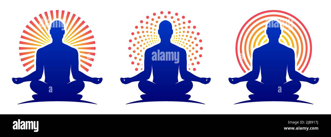 Modelli vettoriali per logo yoga uomo. Rilassante uomo in una posa di lotus zen con un alone di sole rotondo. Illustrazione Vettoriale