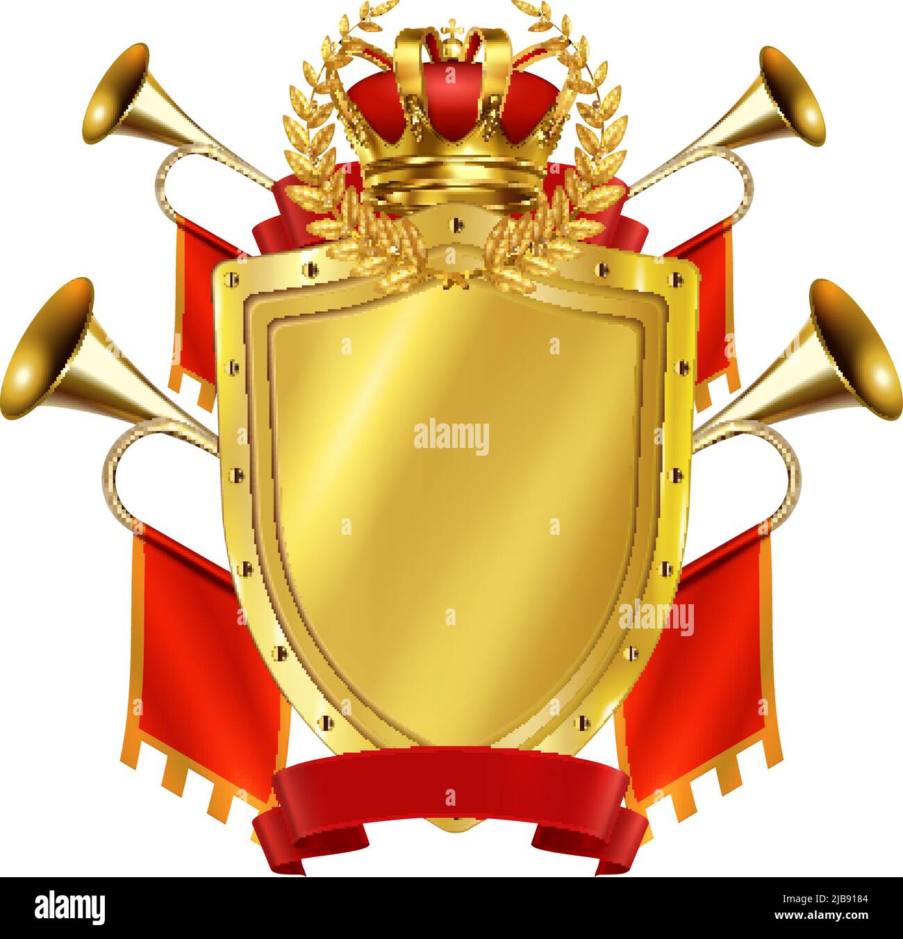 Araldica realistic design concept con corona di scudo dorato e re fanfares decorati da red flag vettore illustrazione Illustrazione Vettoriale
