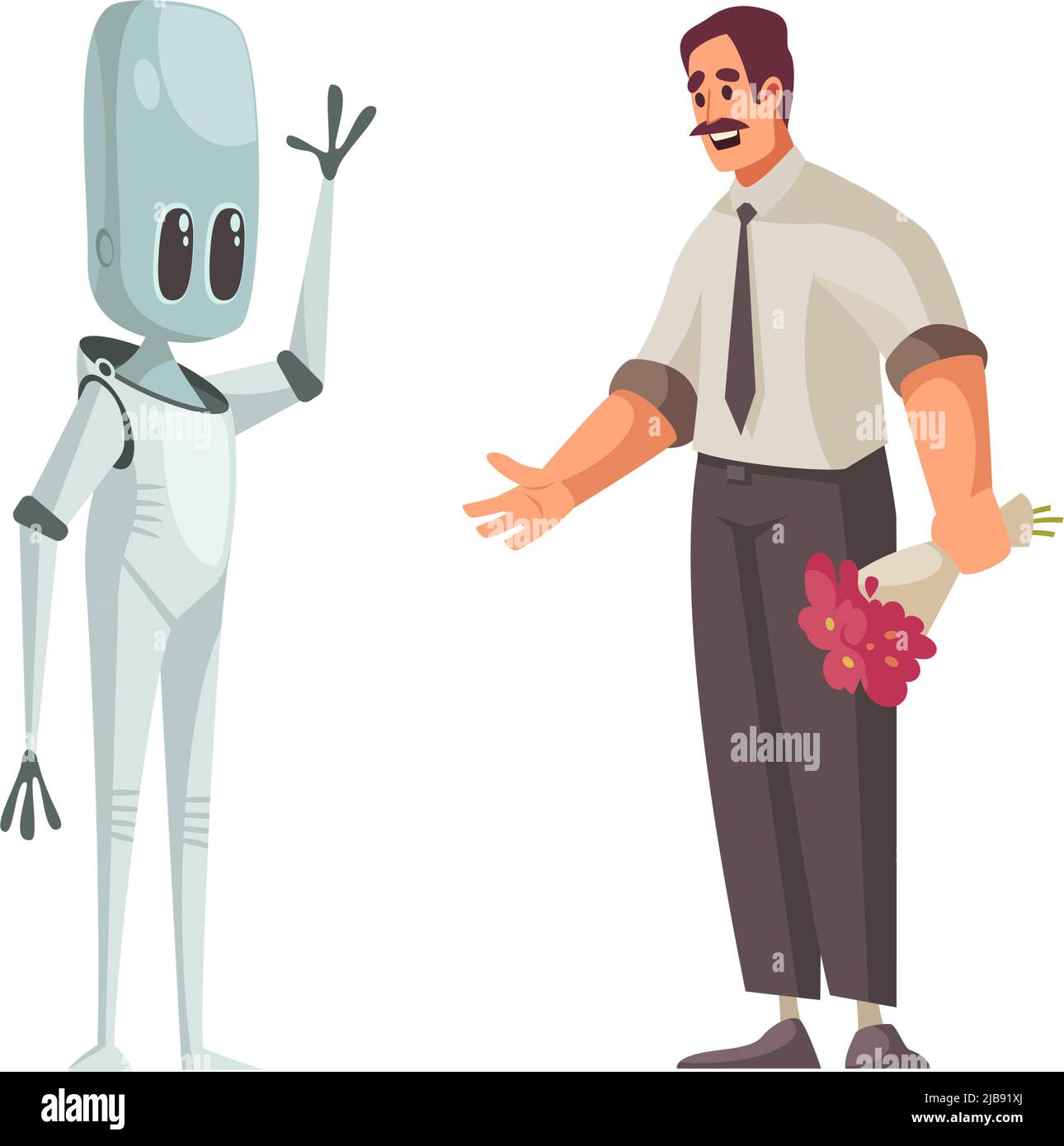 Umano con mazzo di fiori saluto umanoide cartoon isolato vettore illustrazione Illustrazione Vettoriale