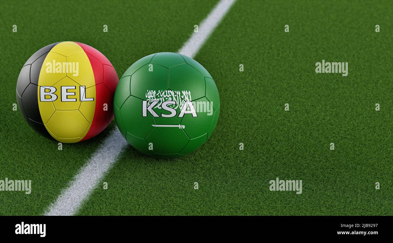 Partita di calcio Belgio vs Arabia Saudita - sfere di pelle in Belgio e Arabia Saudita colori nazionali. 3D rendering Foto Stock