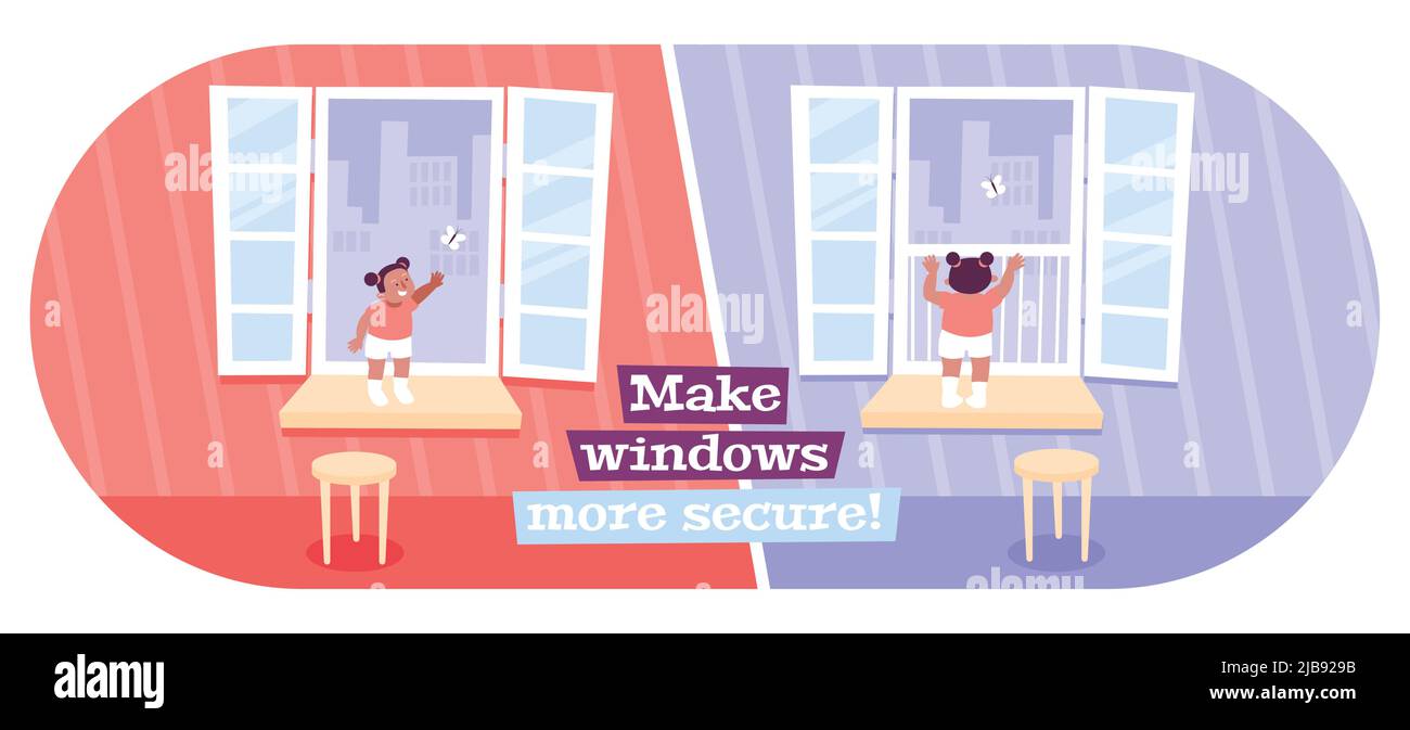Rendere la finestra sicura per i bambini composizione ovale piatta con pannelli di vetro aperti pericoloso e bambini illustrazione vettoriale Illustrazione Vettoriale