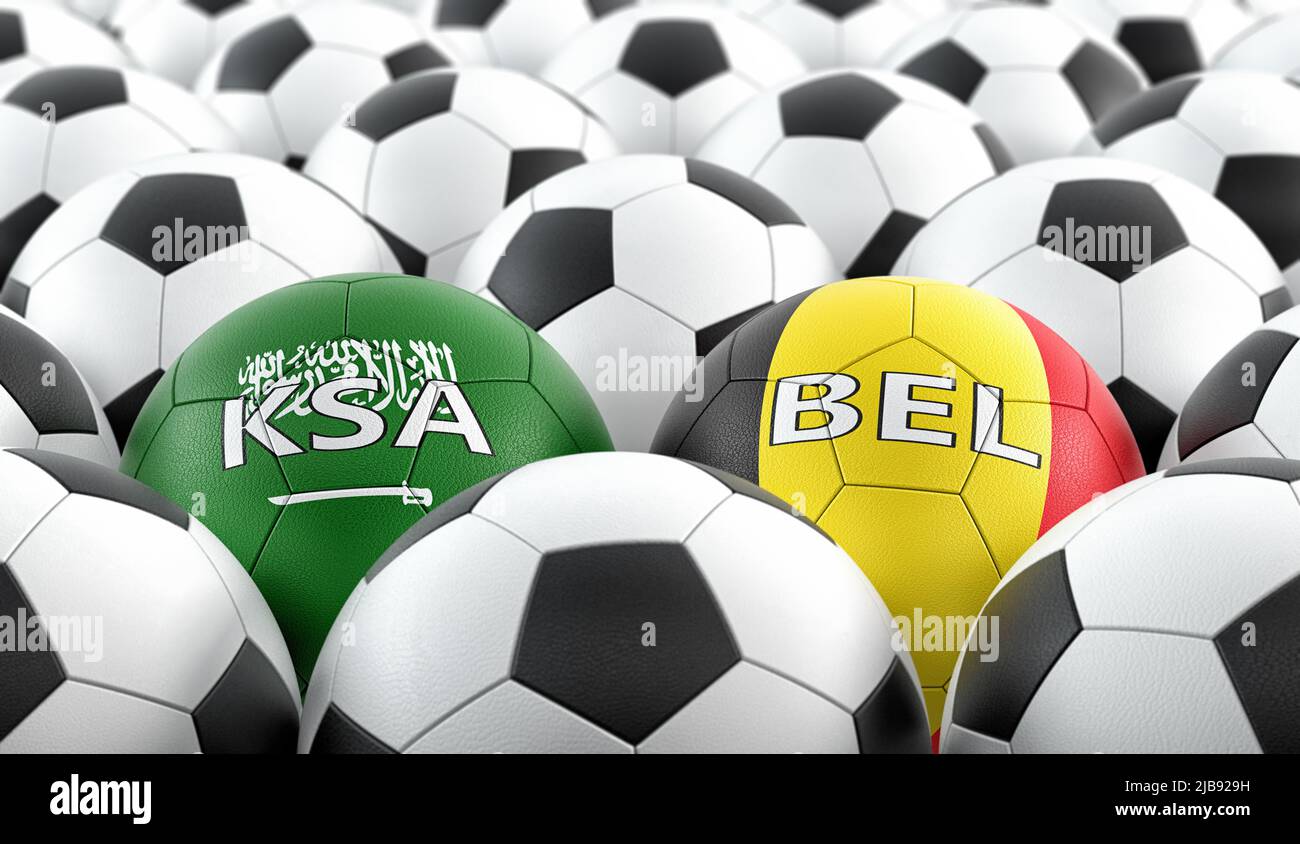 Partita di calcio Belgio vs Arabia Saudita - sfere di pelle in Belgio e Arabia Saudita colori nazionali. 3D rendering Foto Stock