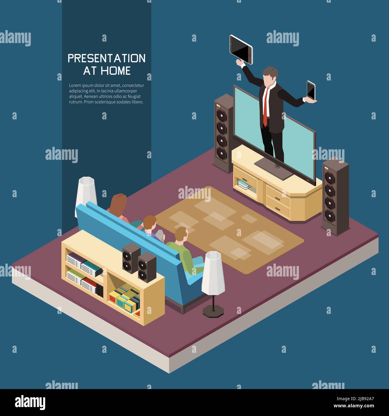 Presentazione a casa concetto con tecnologia online simboli isometrici vettore illustrazione Illustrazione Vettoriale