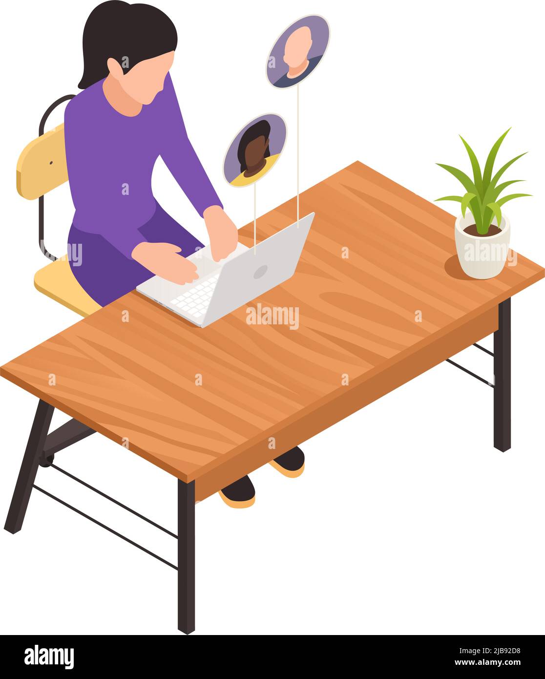 Composizione isometrica virtuale online per la costruzione di team con una donna seduta al tavolo con laptop e avatar di colleghi lavoratori illustrazione vettoriale Illustrazione Vettoriale