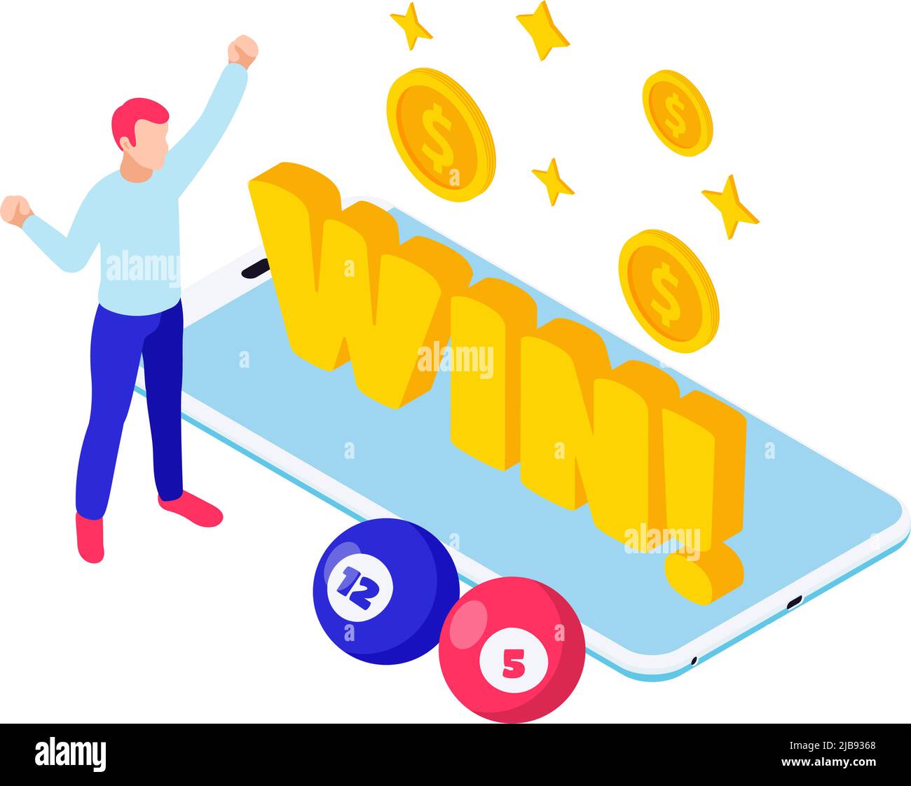 Icona isometrica della lotteria con il carattere delle palle del bingo del vincitore e illustrazione vettoriale dello smartphone Illustrazione Vettoriale