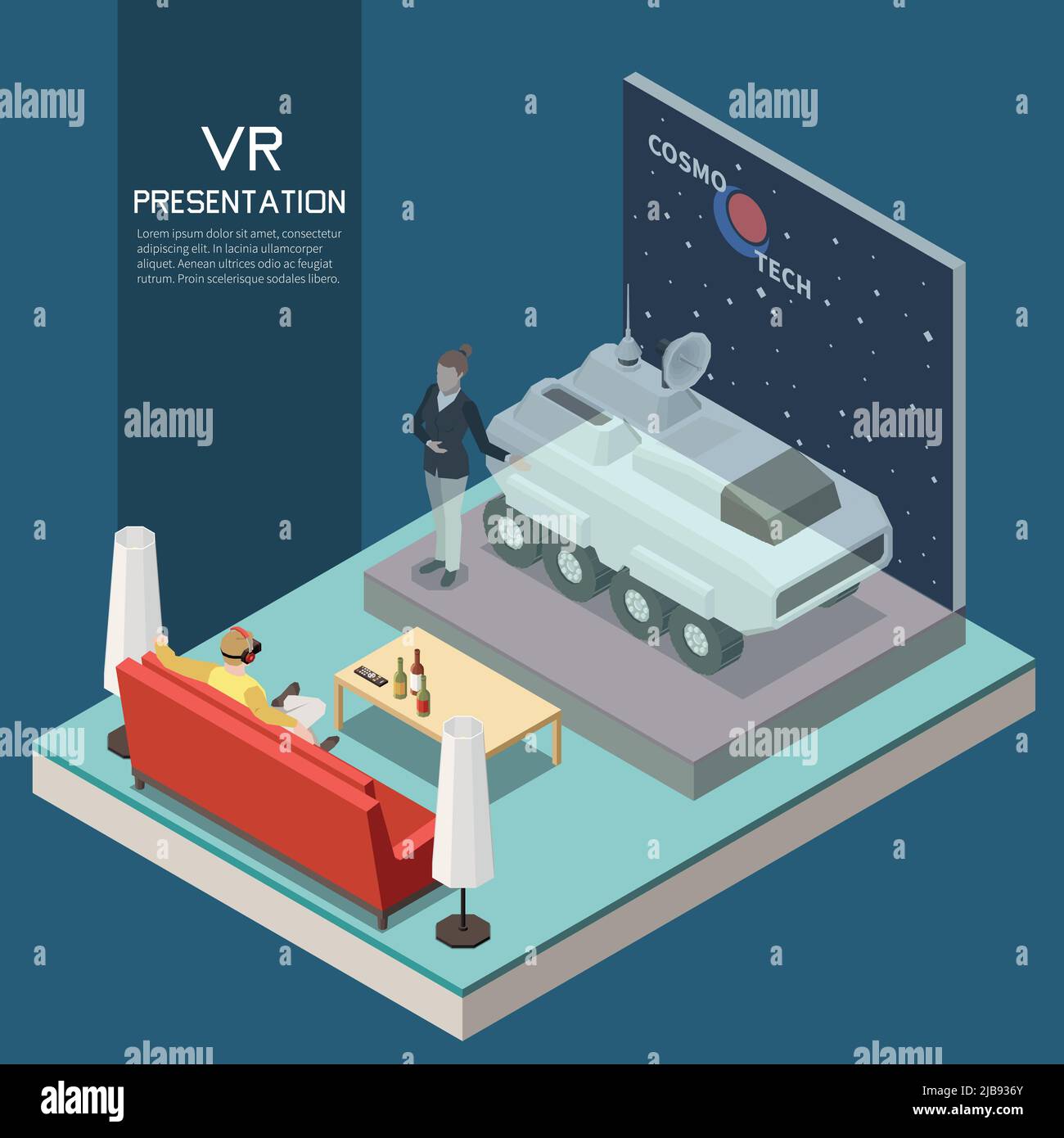 Concetto di presentazione VR con simboli di esposizione virtuale illustrazione vettoriale isometrica Illustrazione Vettoriale