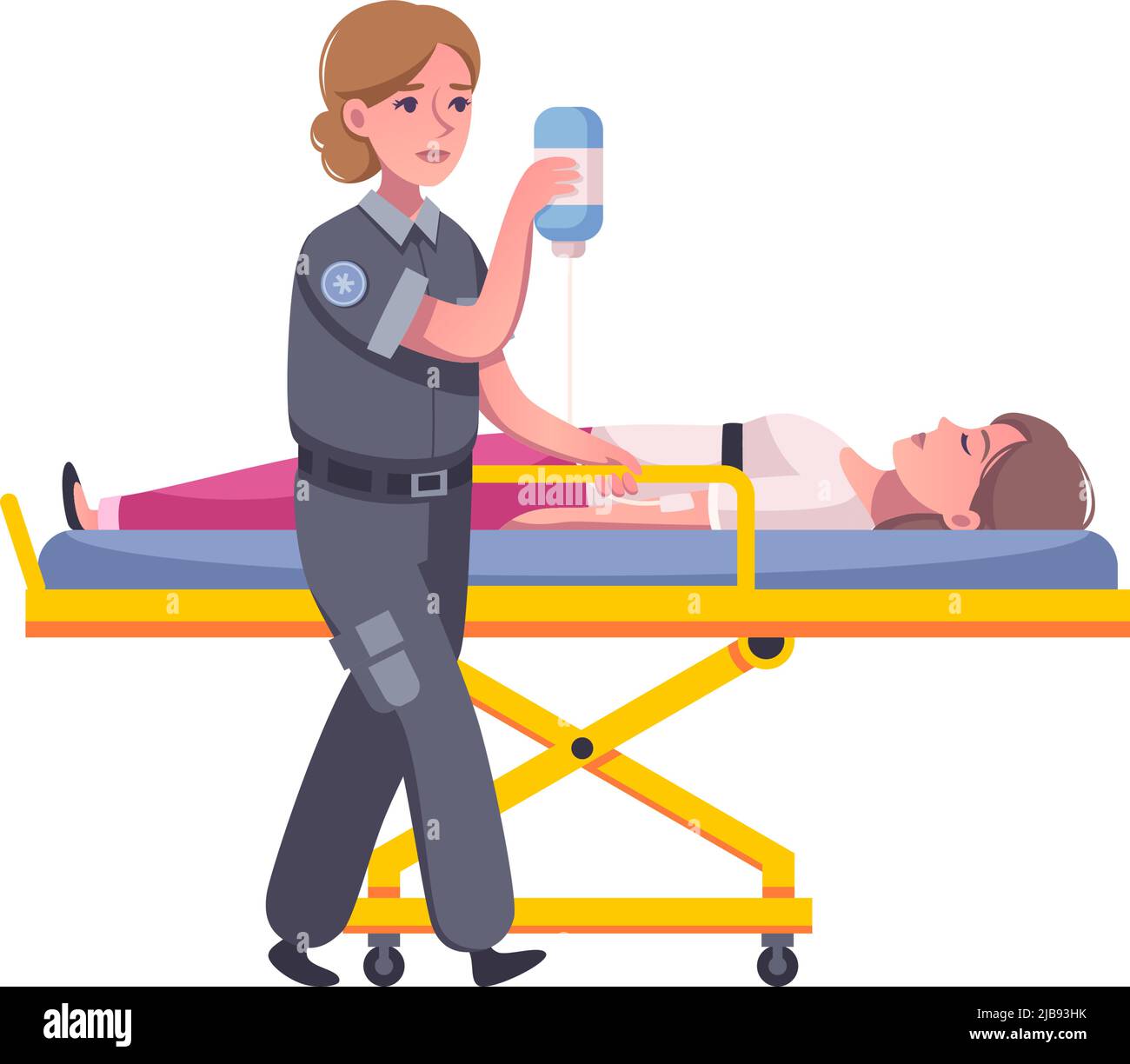 Icona dell'ambulanza con personaggi cartoni animati di illustrazione vettoriale di persone paramediche e ferite Illustrazione Vettoriale