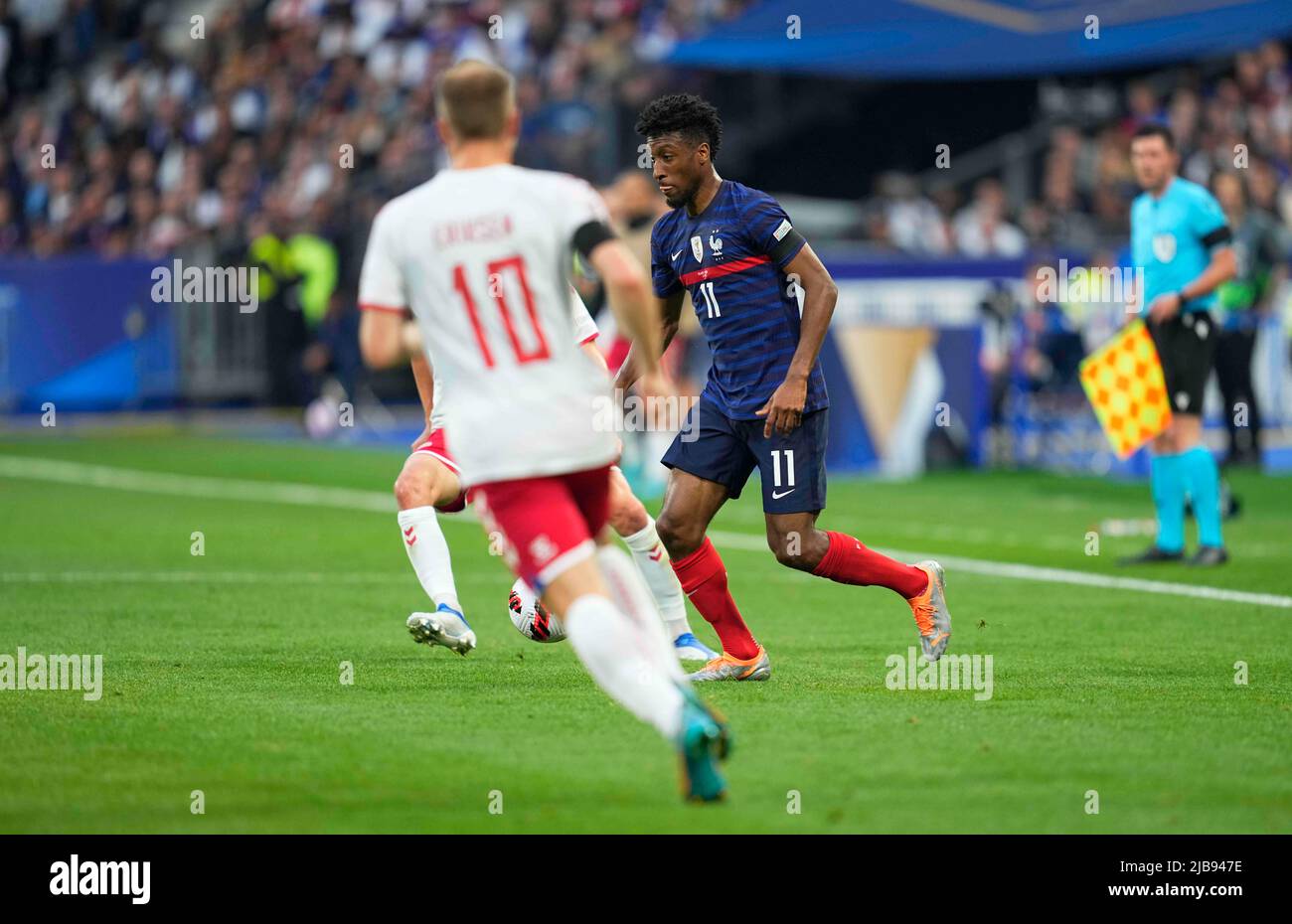 Stade de France, Parigi, Francia. 3rd giugno 2022. Kingsley Coman durante la Francia contro la Danimarca, UEFA Nations League Group Stage a Stade de France, Parigi, Francia. Ulrik Pedersen/CSM/Alamy Live News Foto Stock