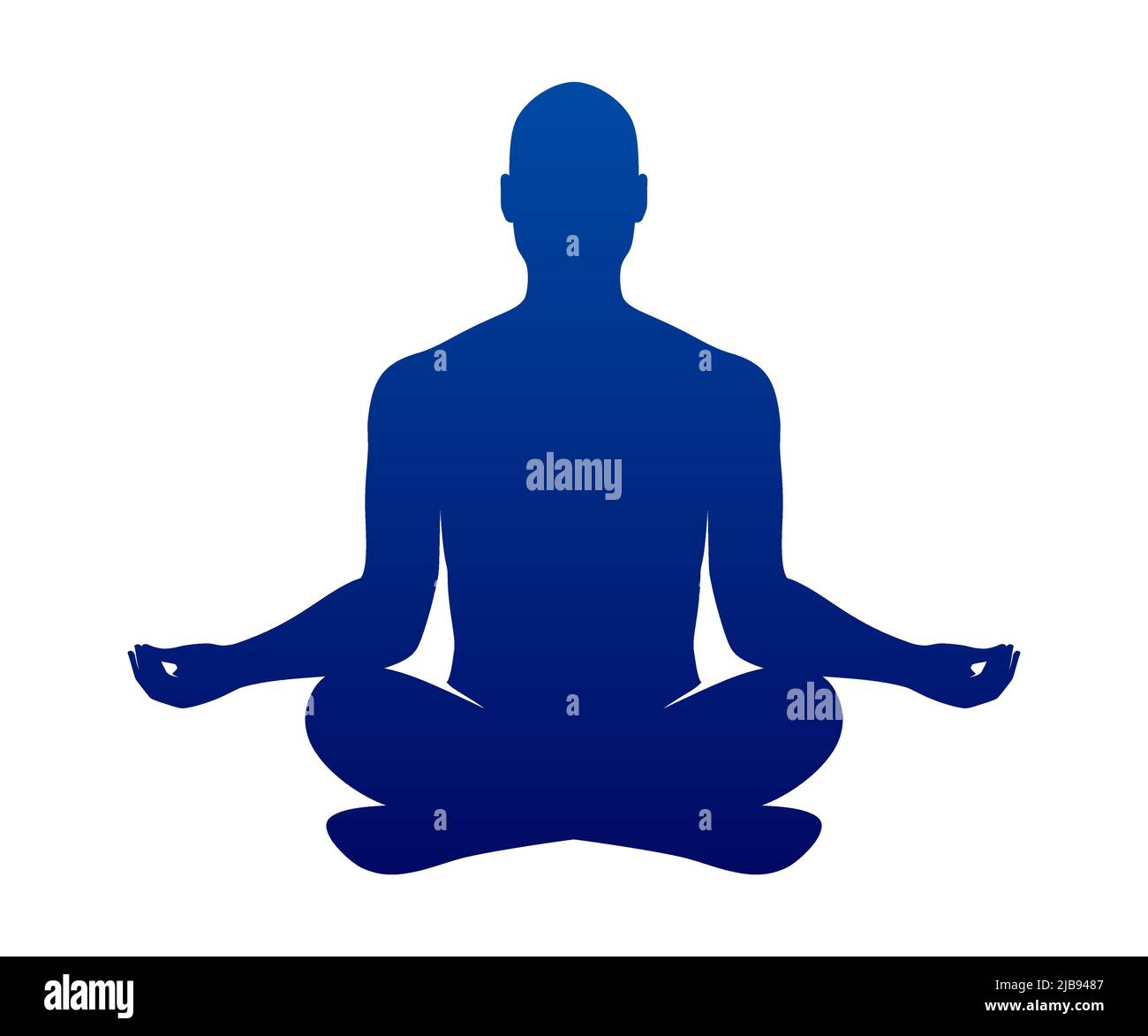 Guru dello yoga in una posa di loto, isolato su sfondo bianco. Rilassante, meditante silhouette blu uomo in una condizione zen, illustrazione vettoriale. Illustrazione Vettoriale