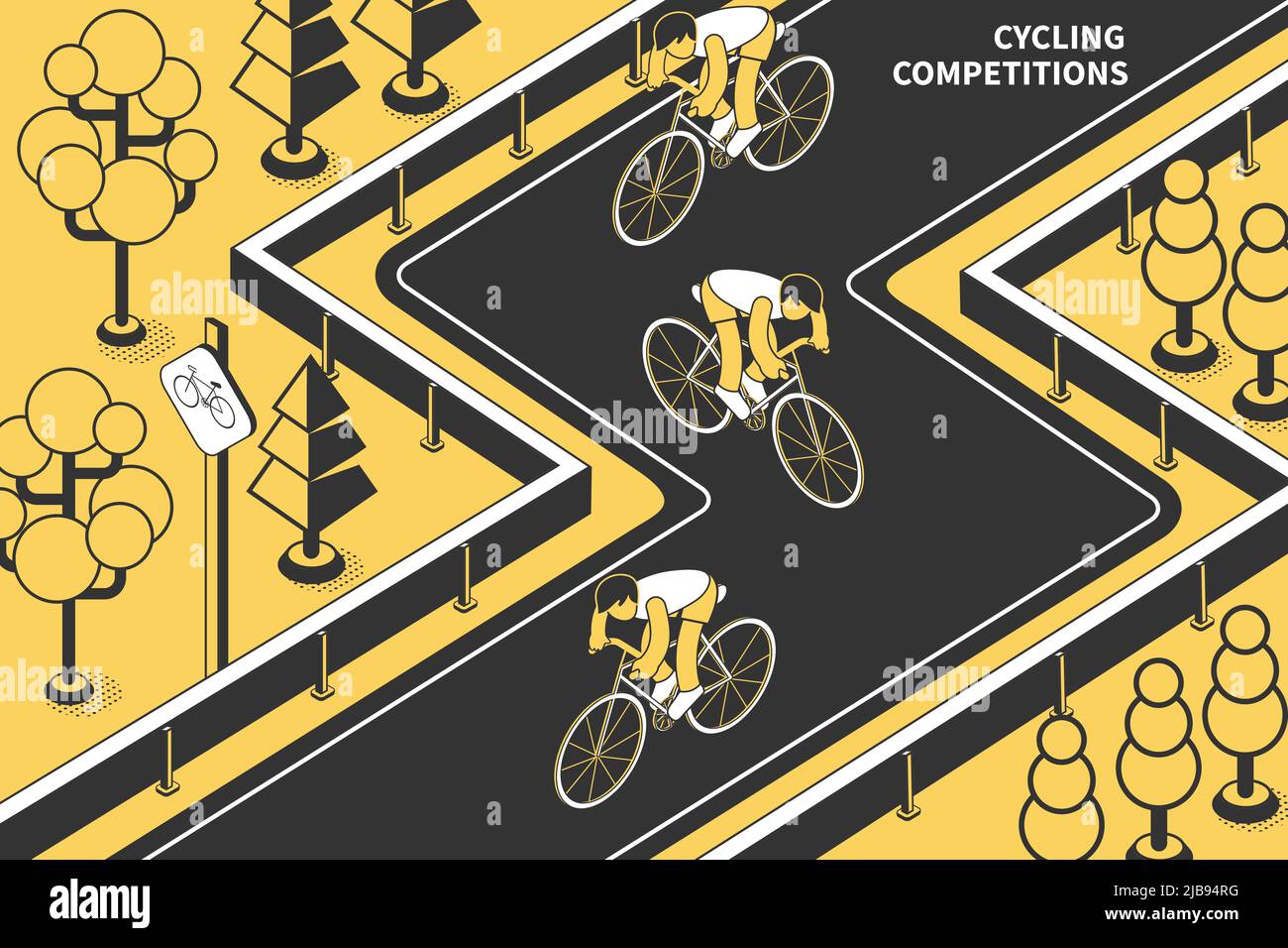 Gare ciclistiche composizione isometrica con testo e vista della pista da corsa con ciclisti e alberi illustrazione vettoriale Illustrazione Vettoriale