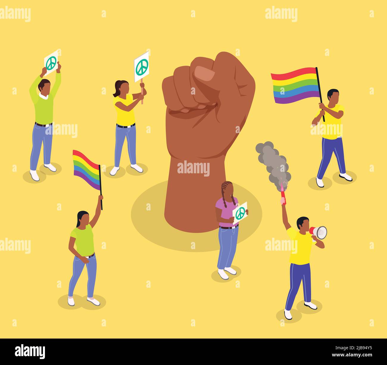 Dimostrazione di protesta pubblica composizione isometrica con pugno e personaggi di rioter con lgbt e simboli antiglobalism illustrazione vettoriale Illustrazione Vettoriale