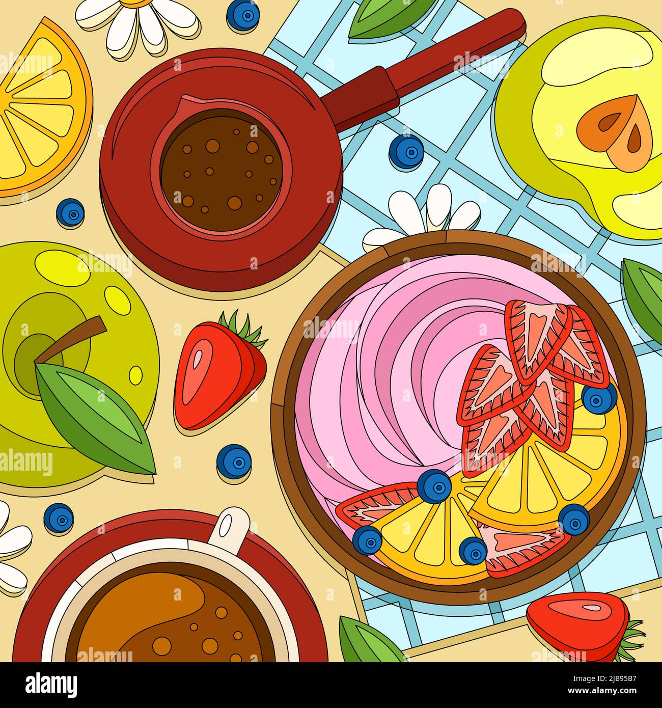 Composizione di yogurt da colazione colorata con vista sul tavolo e piatti da pranzo con fette di frutta e illustrazione vettoriale del caffè Illustrazione Vettoriale