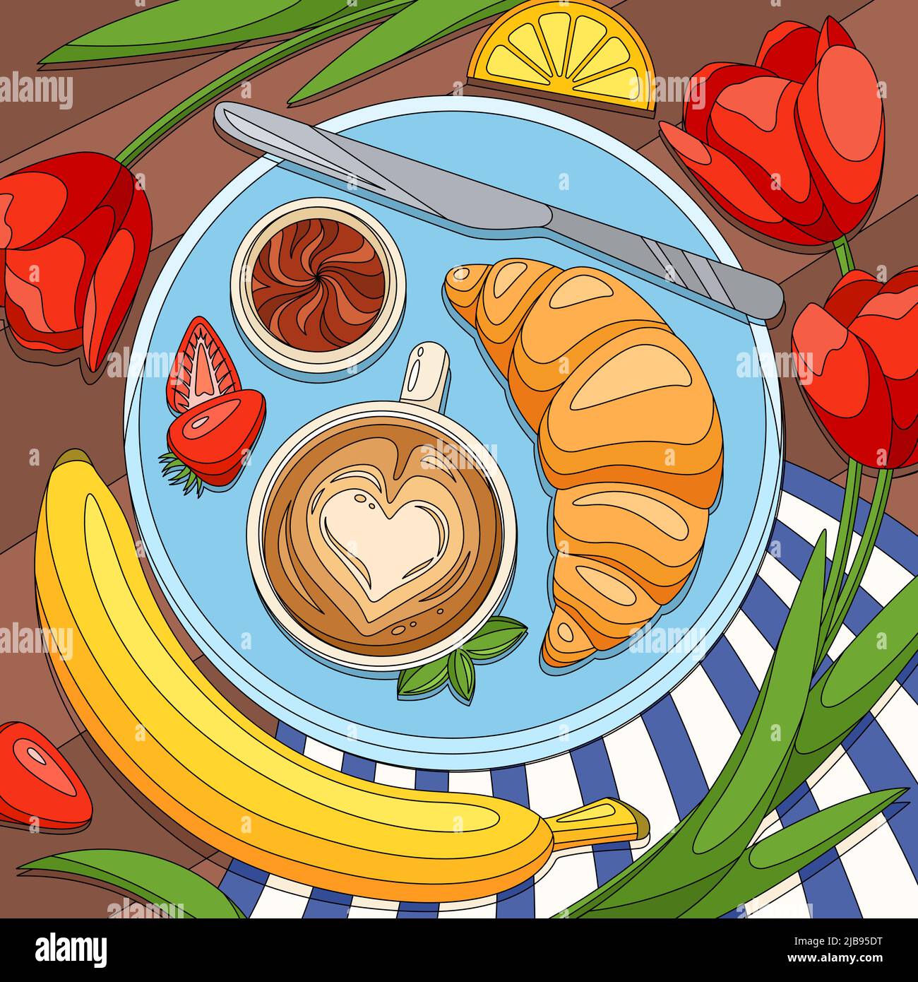 Composizione di caffè con croissant da colazione con fiori e fette di fragola di frutta alla banana sulla parte superiore del tavolo illustrazione vettoriale Illustrazione Vettoriale