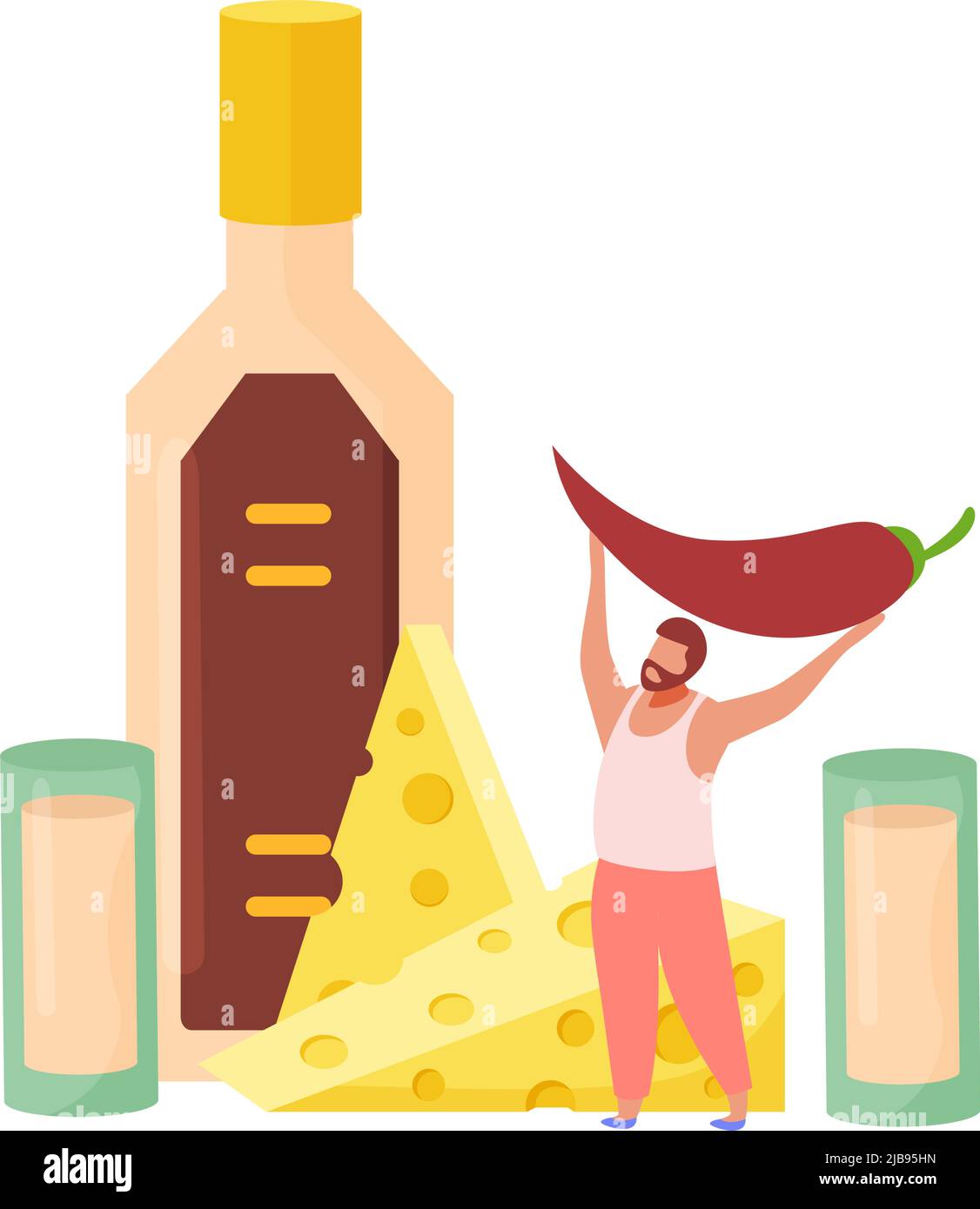 Bevande alcoliche cocktail composizione piatta con uomo che tiene pepe e bicchieri da shot con illustrazione vettore formaggio Illustrazione Vettoriale