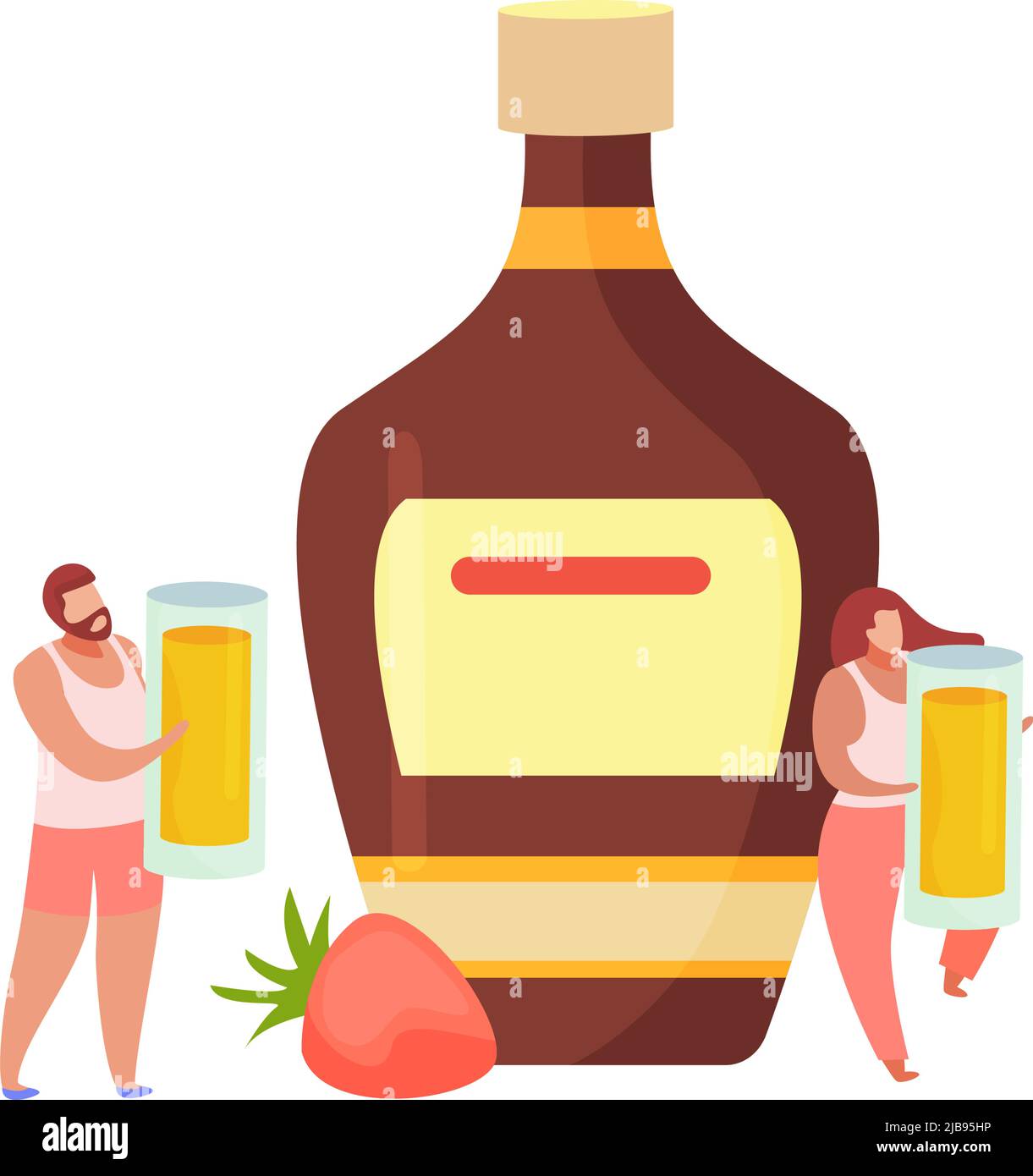 Bevande alcoliche cocktail composizione piatta con personaggi maschili e femminili che tengono shot bicchieri illustrazione vettoriale Illustrazione Vettoriale