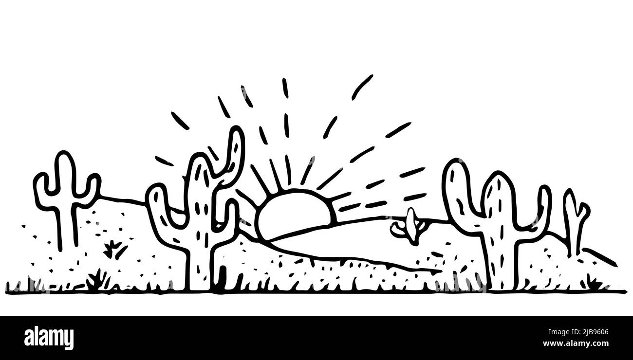 Illustrazione vettoriale del paesaggio desertico. Deserto a linea bianca e nera disegnato a mano con cactus. Illustrazione grafica in stile Doodle. Linea semplice art. Illustrazione Vettoriale