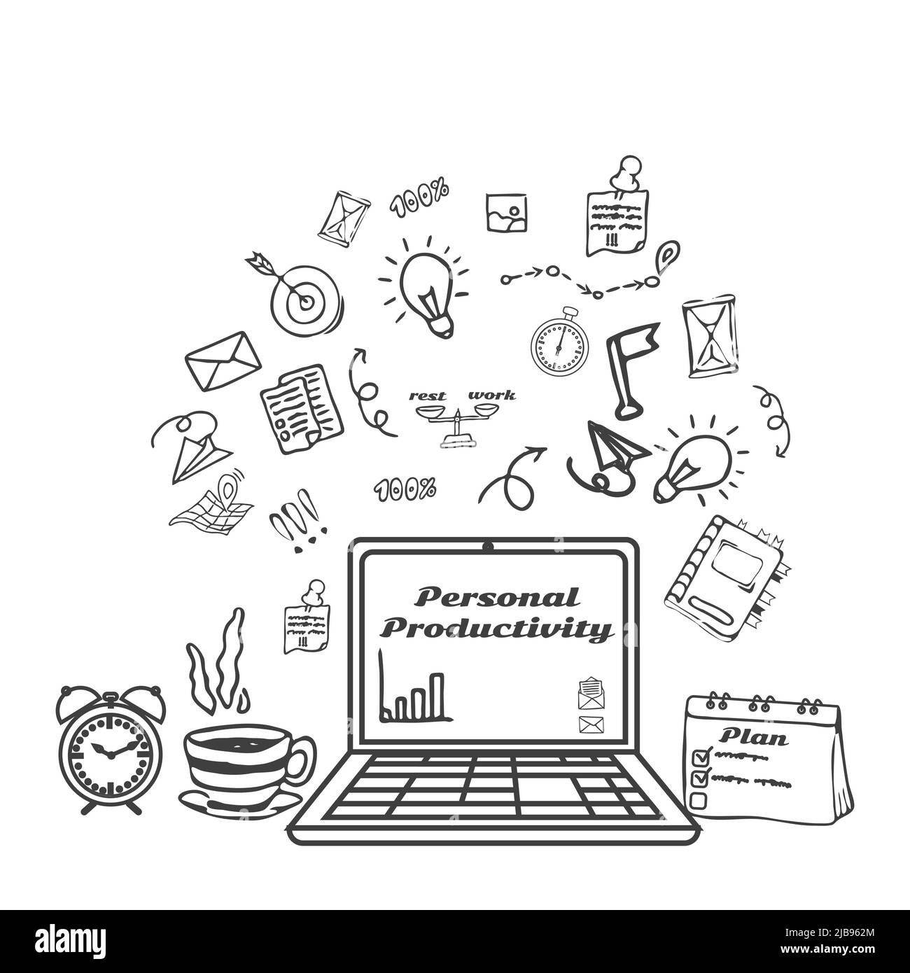 Doodle elementi disegnati a mano di produttività personale, oggetti di contorno e testo in forma rotonda isolato su sfondo bianco immagine vettoriale. Gestione del tempo, obiettivi e crescita. Illustrazione Vettoriale