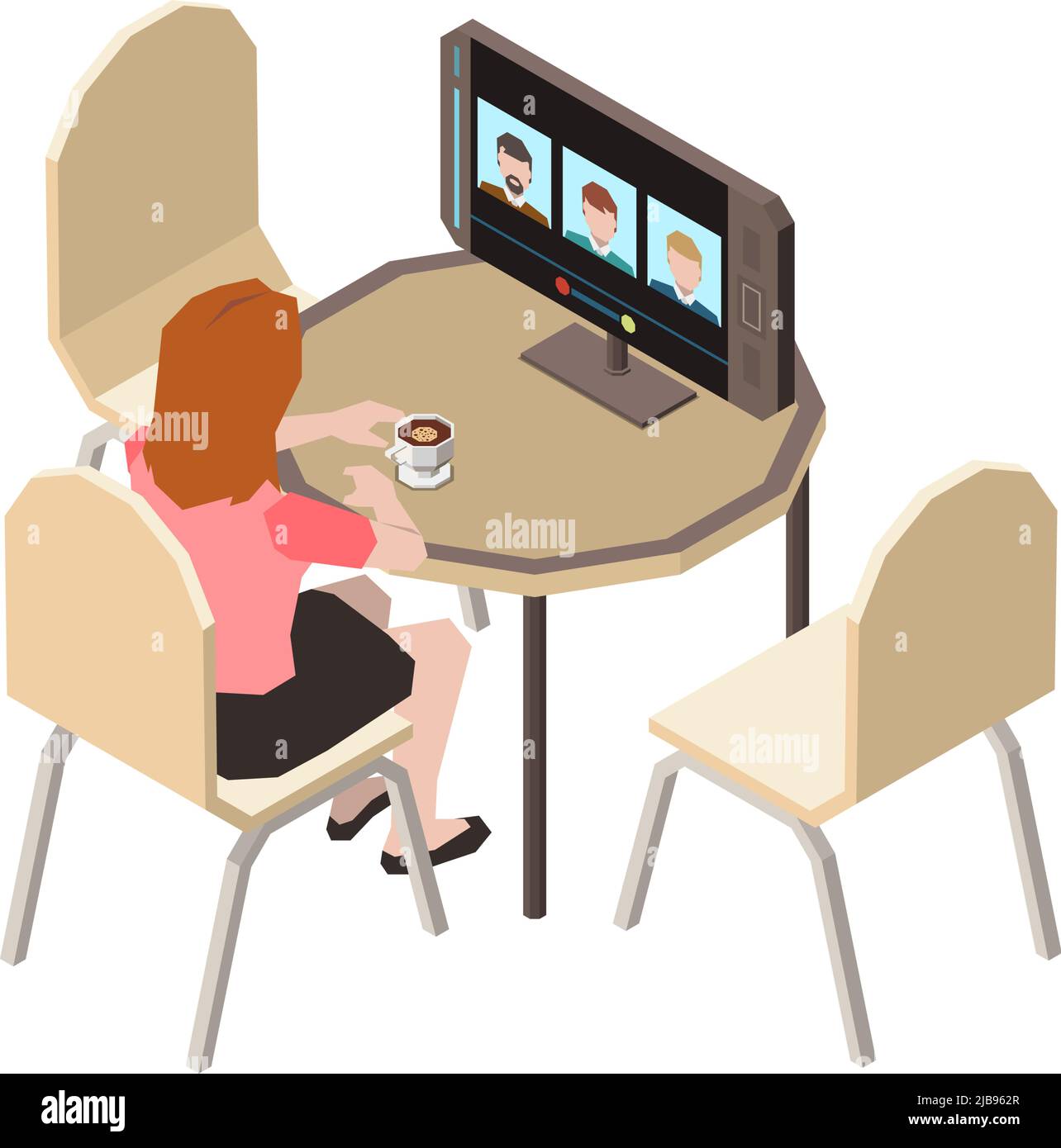 Chattando la gente composizione isometrica con il lavoratore seduto al tavolo con computer che esegue video conferenza illustrazione vettoriale Illustrazione Vettoriale