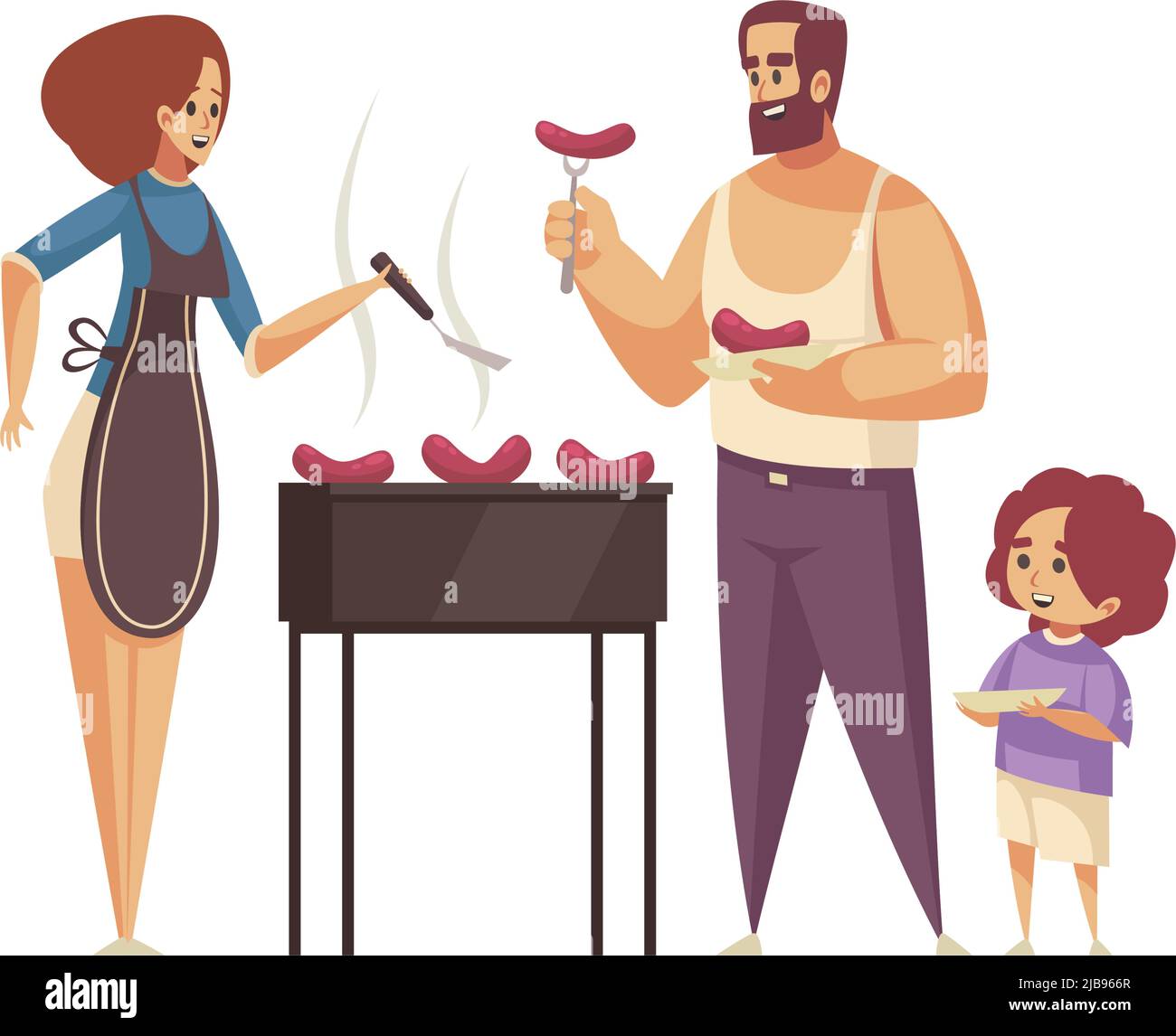 Famiglia felice che ha bbq partito grigliare salsicce illustrazione vettoriale piatta Illustrazione Vettoriale