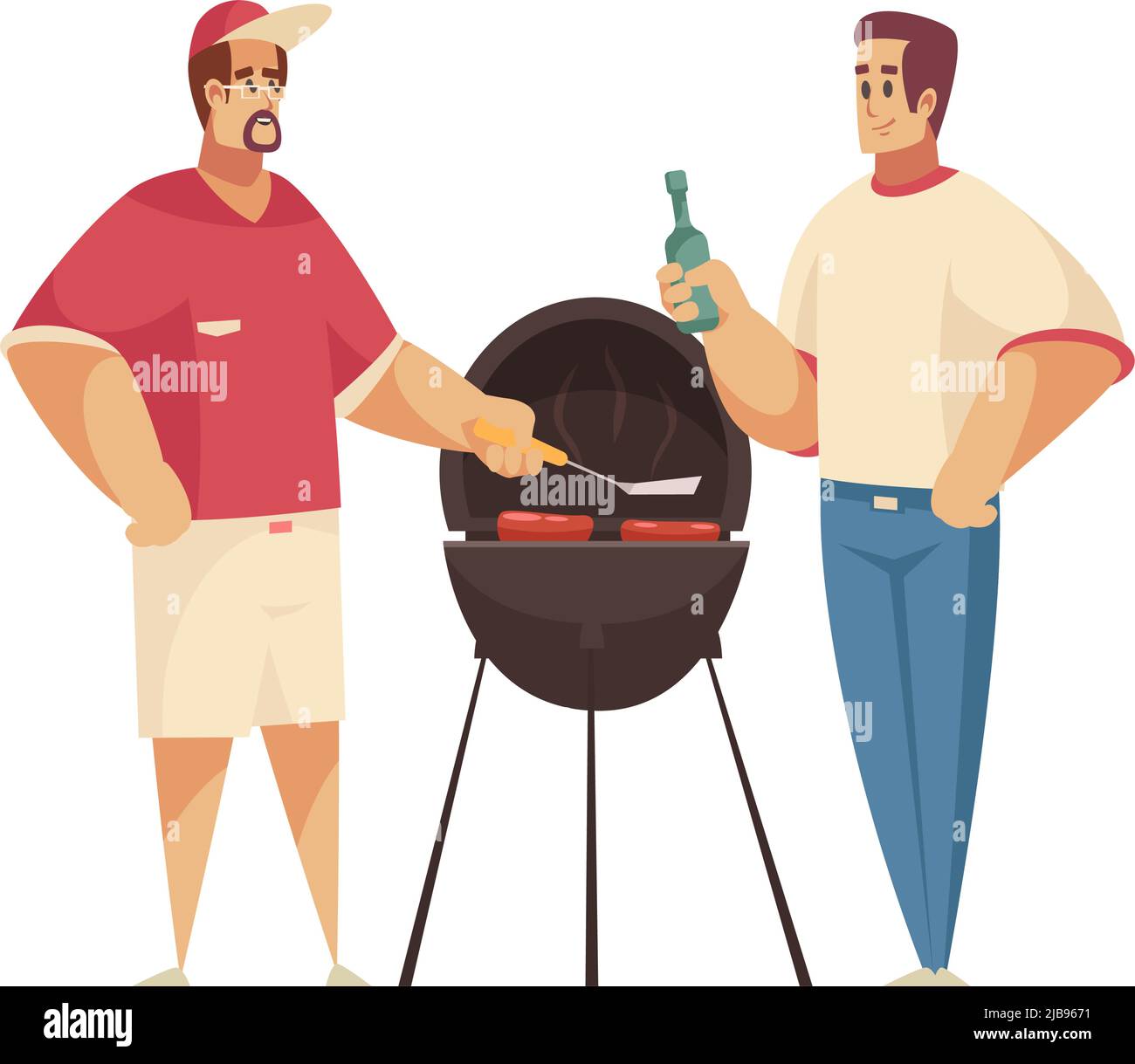 Due uomini che hanno barbecue partito che cucinano salsicce e bevendo birra illustrazione vettoriale piatta Illustrazione Vettoriale