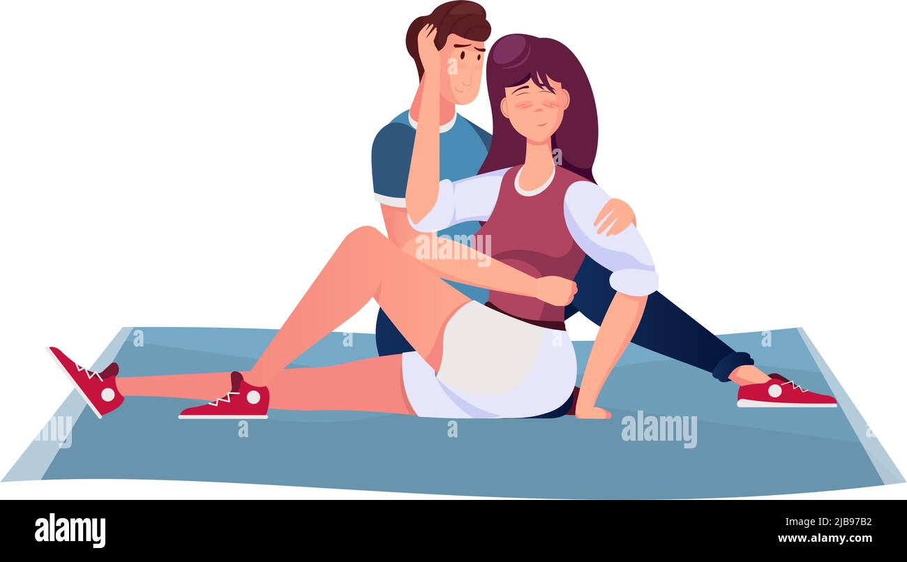Conoscenza composizione romantica con personaggi di abbracciante ragazzo e ragazza seduta su tappeto illustrazione vettoriale Illustrazione Vettoriale