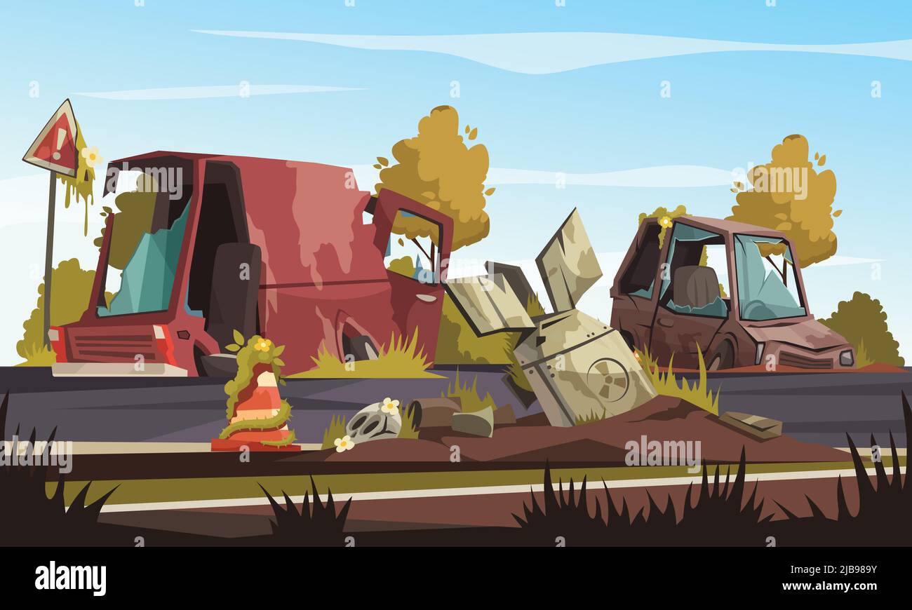 Post apocalisse sfondo con auto distrutte su strada dopo l'azione militare cartoon illustrazione vettoriale Illustrazione Vettoriale