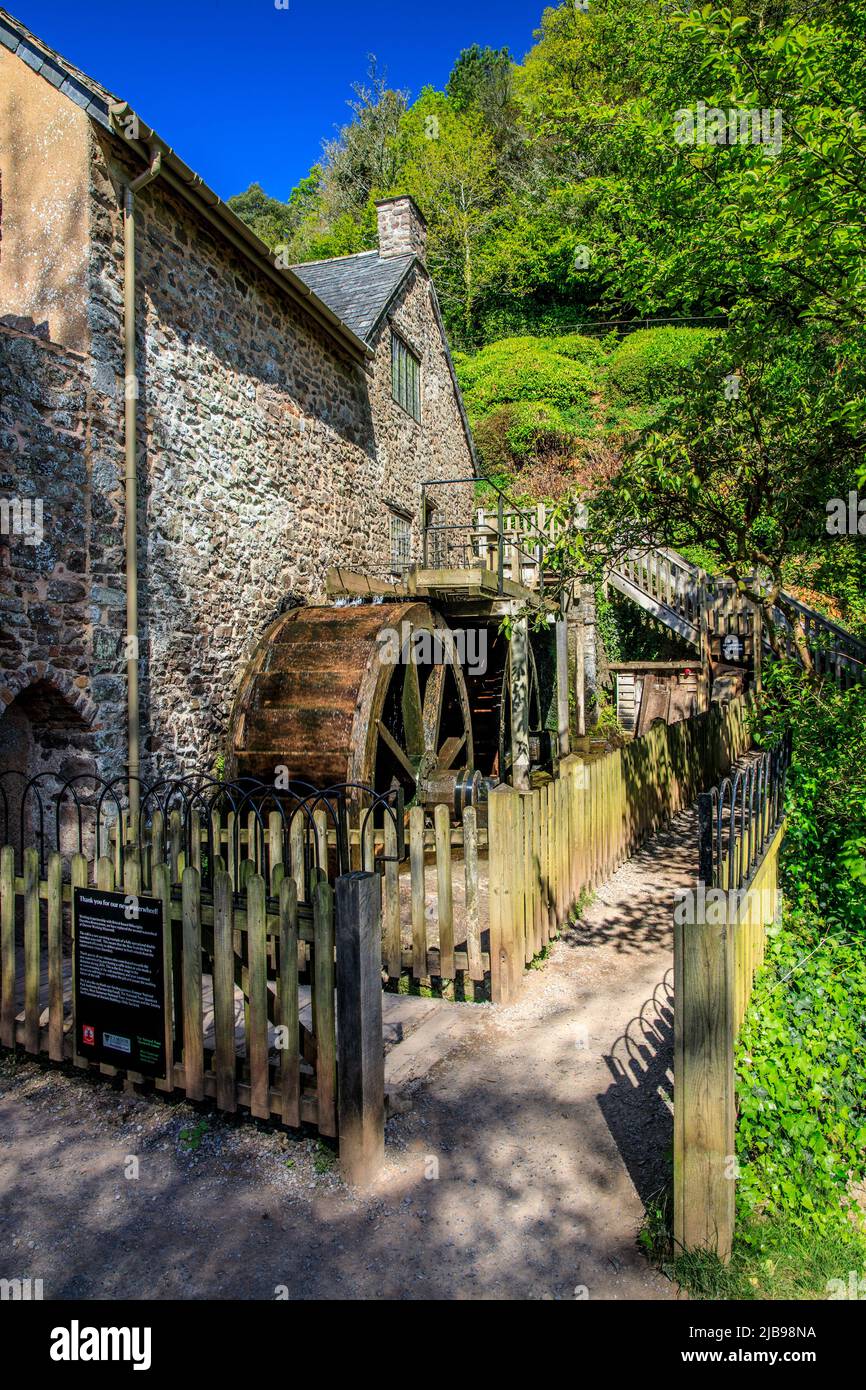 Il mulino ad acqua restaurato con due ruote in legno a Dunster Castle, Somerset, Inghilterra, Regno Unito Foto Stock