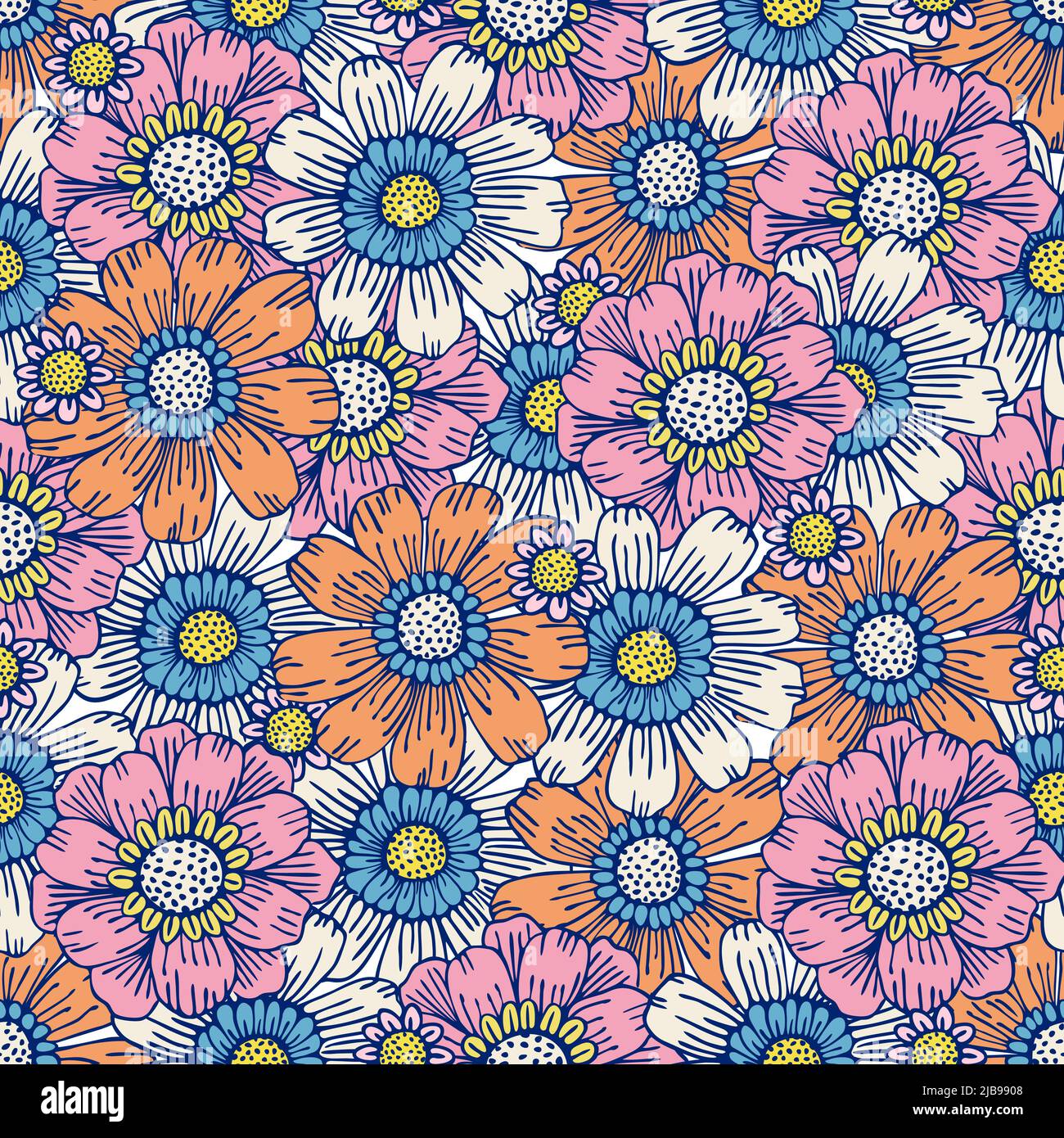 Modello di campo di fiori. Potere del fiore. Schema hippie degli anni sessanta. Fiori estate modello. Illustrazione Vettoriale