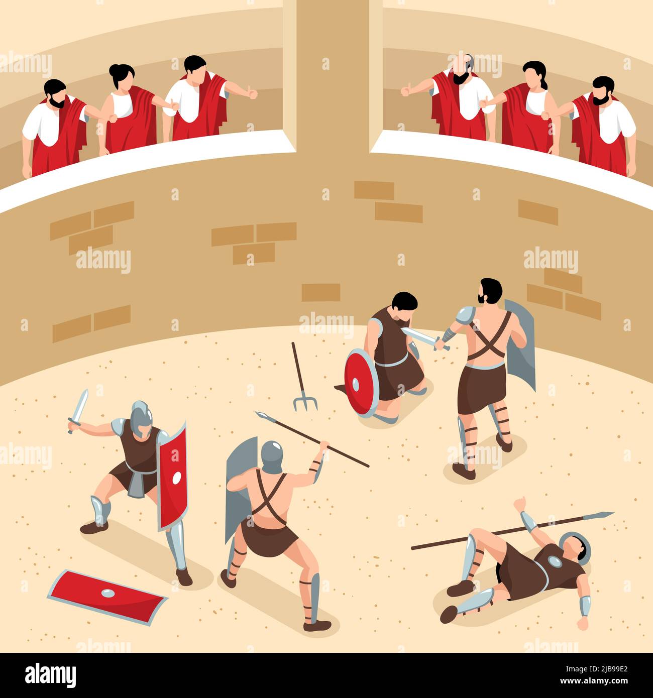 Composizione dei gladiatori dell'antica roma isometrica in vista di un'arena rotonda con pubblico e guerrieri in combattimento con illustrazione vettoriale Illustrazione Vettoriale