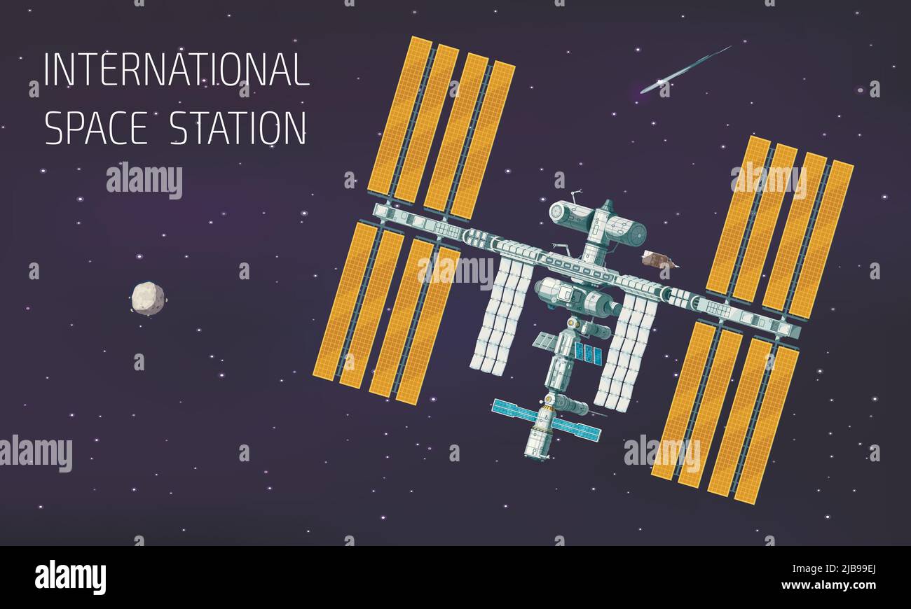 Stazione spaziale orbitale internazionale piatta stazione di illustrazione nello spazio vicino al pianeta e cometa illustrazione vettoriale Illustrazione Vettoriale