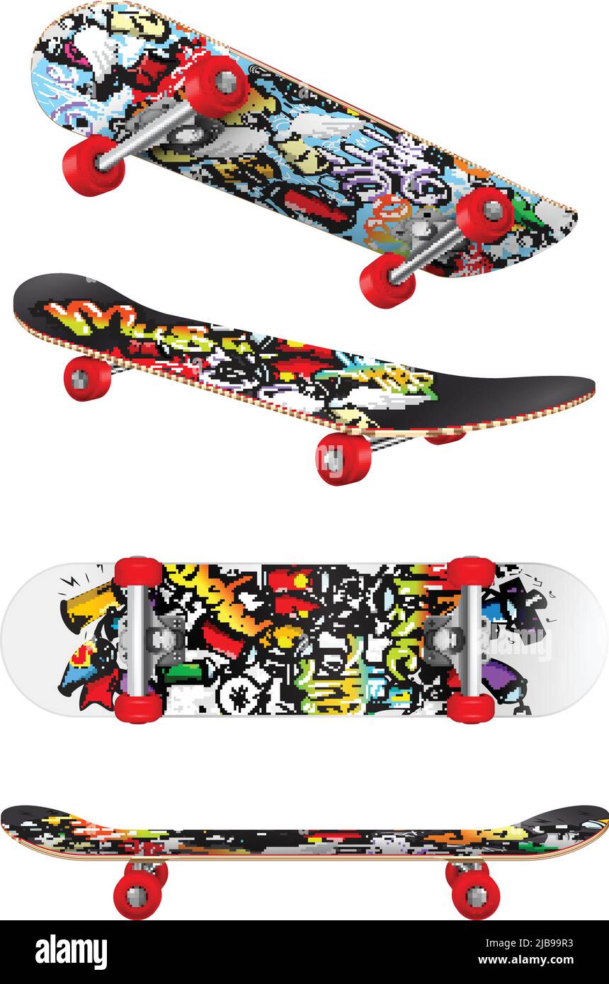 Trendy skateboard motivi realistico set con parte superiore in basso bordo laterale viste outdoor skate ingranaggio isolato vettore illustrazione Illustrazione Vettoriale
