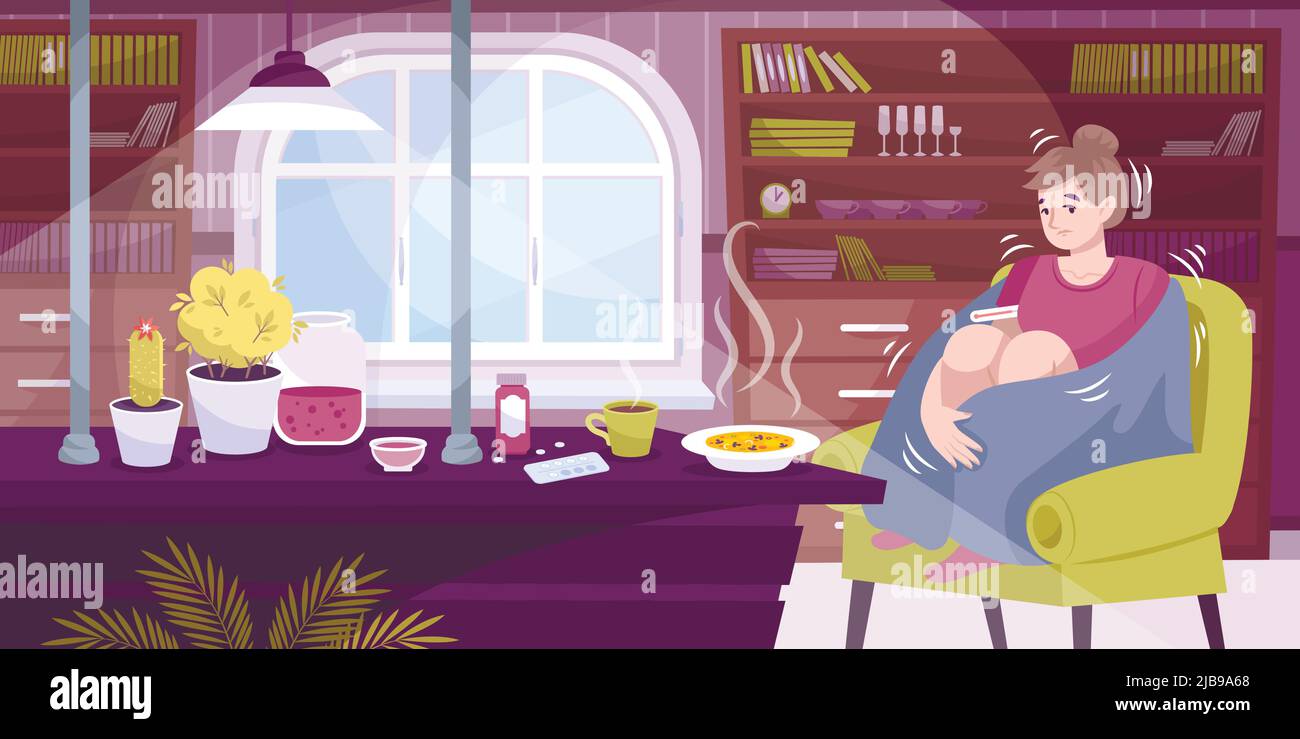 Brividi composizione piatta con soggiorno interno casa scenario e donna malata brivido con febbre illustrazione vettoriale Illustrazione Vettoriale