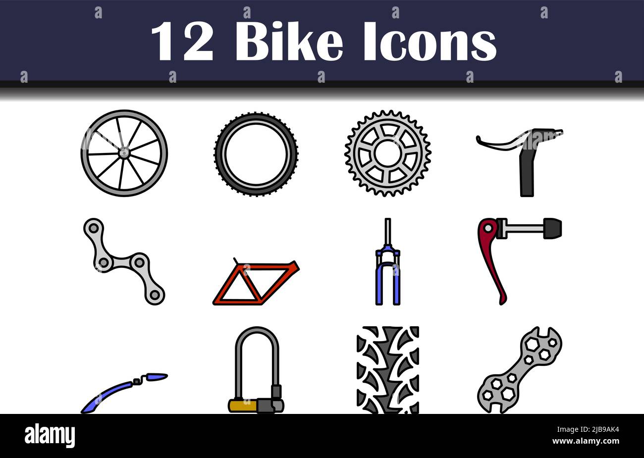 Set di icone bici. Contorno grassetto modificabile con disegno riempimento colore. Illustrazione vettoriale. Illustrazione Vettoriale