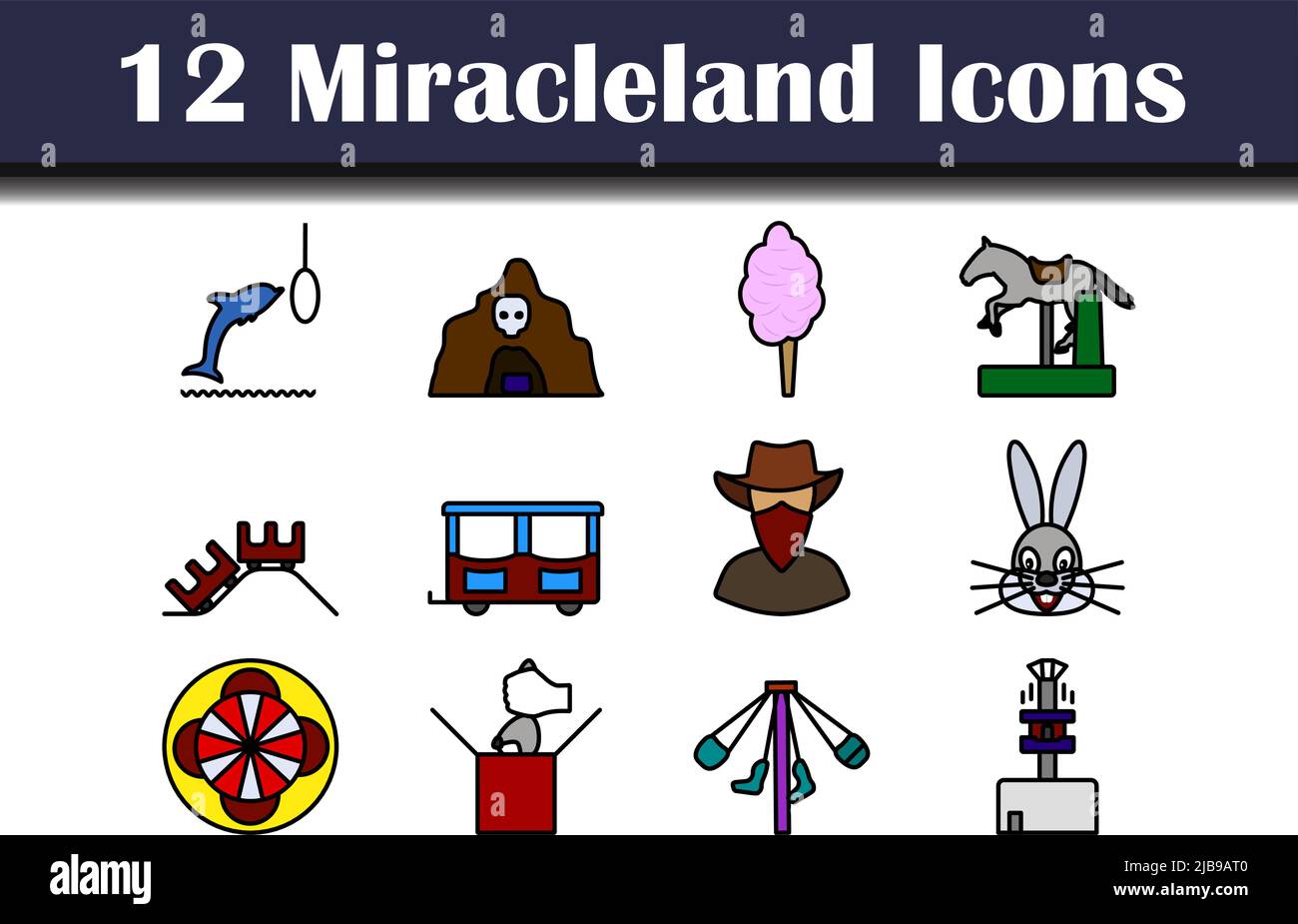 Set di icone Miracleland. Contorno grassetto modificabile con disegno di riempimento a colori. Illustrazione vettoriale. Illustrazione Vettoriale