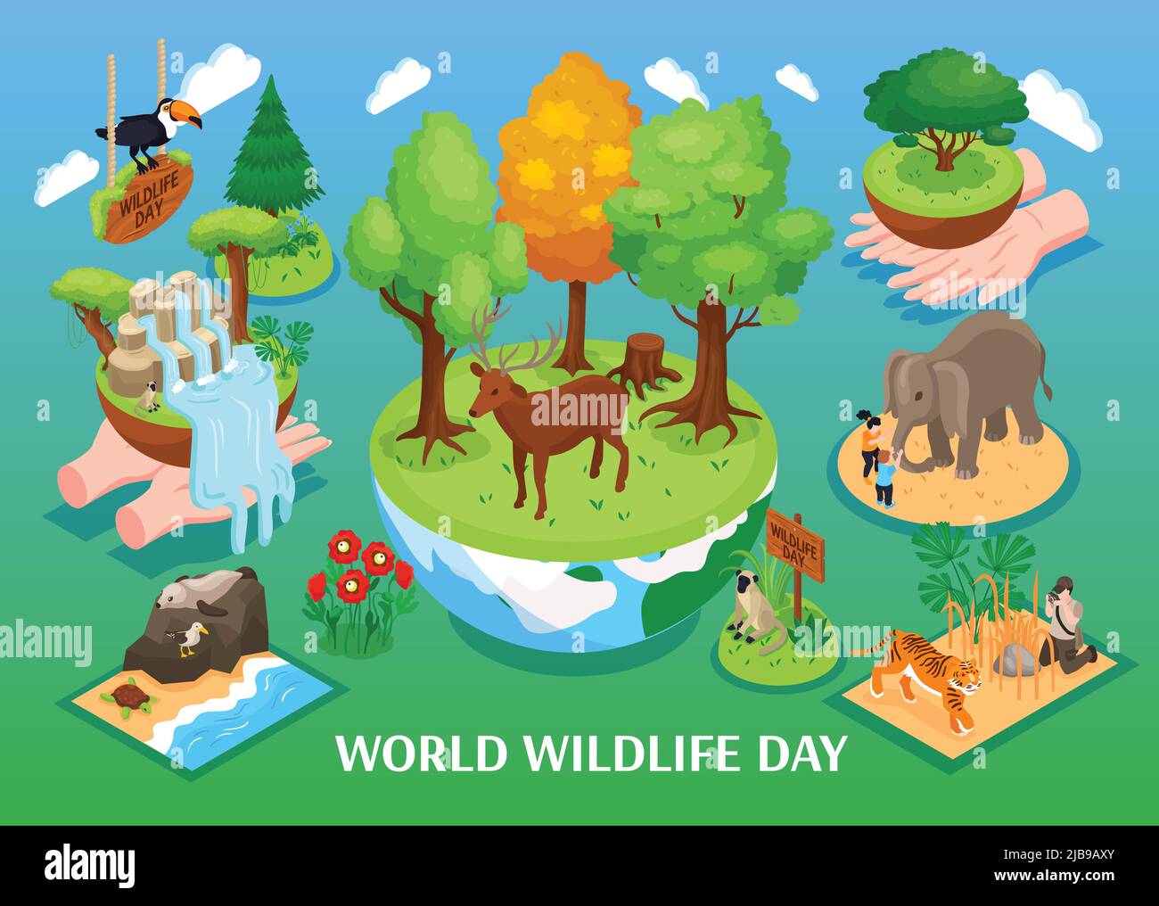 World Wildlife day sfondo isometrico con animali cartoni animati di foresta giungla savana e l'illustrazione di vettore oceano Illustrazione Vettoriale